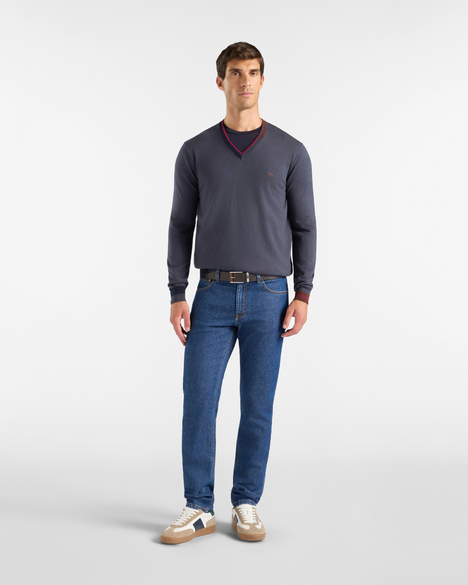 Maglia Uomo con scollo a V in misto lana e cotone Regular Fit, GRIS, large