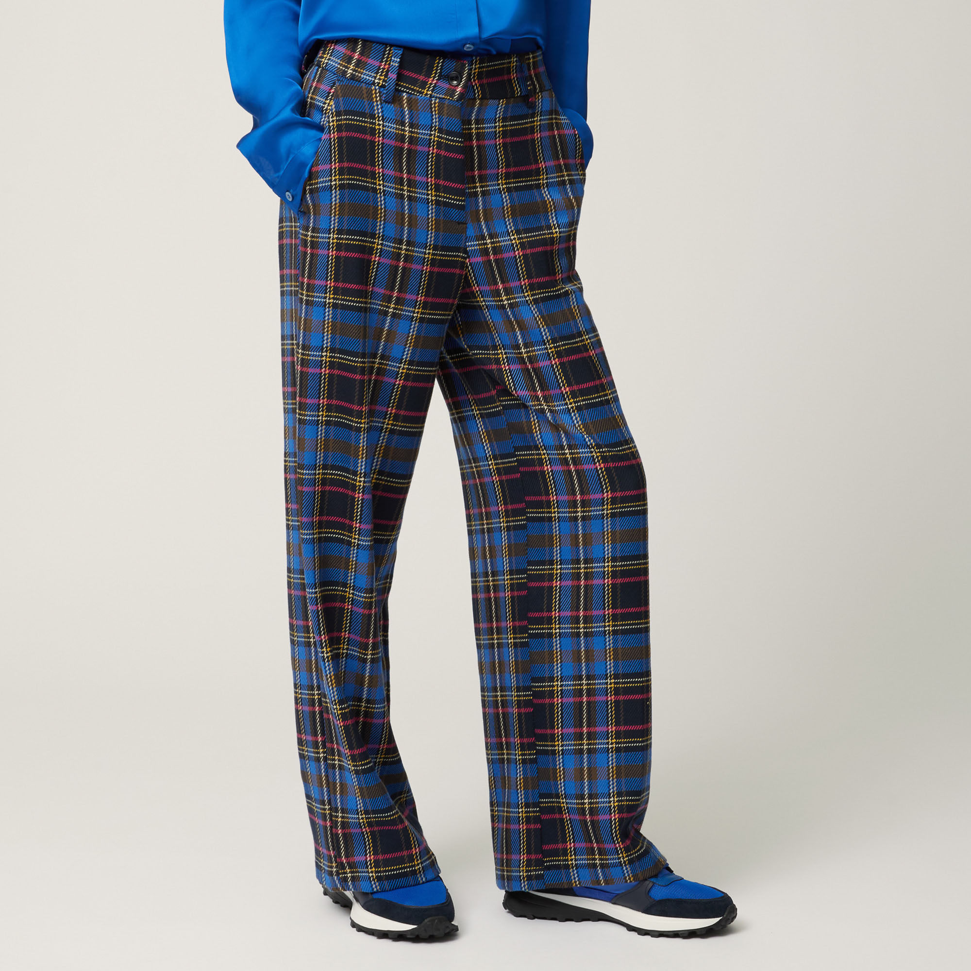 High-Waist Pants With Chequered Pattern, Blue, large image number 0