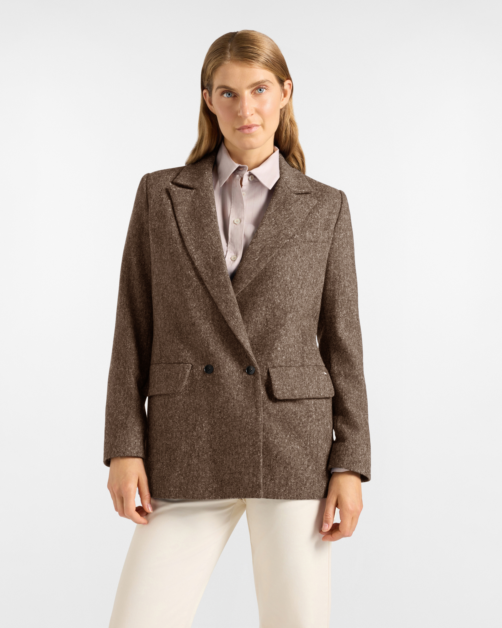 Women&rsquo;s double-breasted jacket in dark brown technical wool blend &ndash; &lsquo;Capsule Qualit&agrave; a Colori&rsquo;