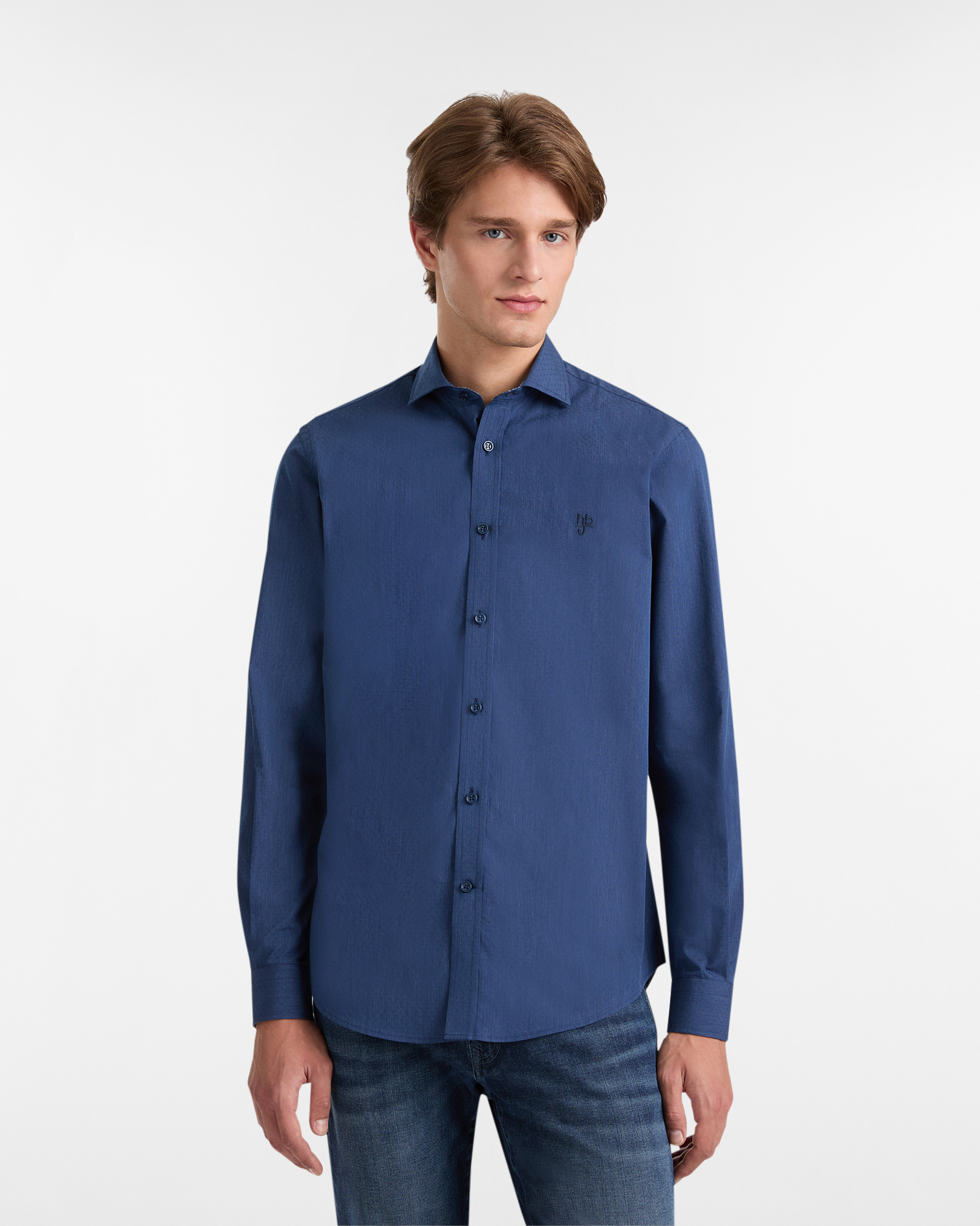 Cotton Shirt with Micro-Texture and French Collar