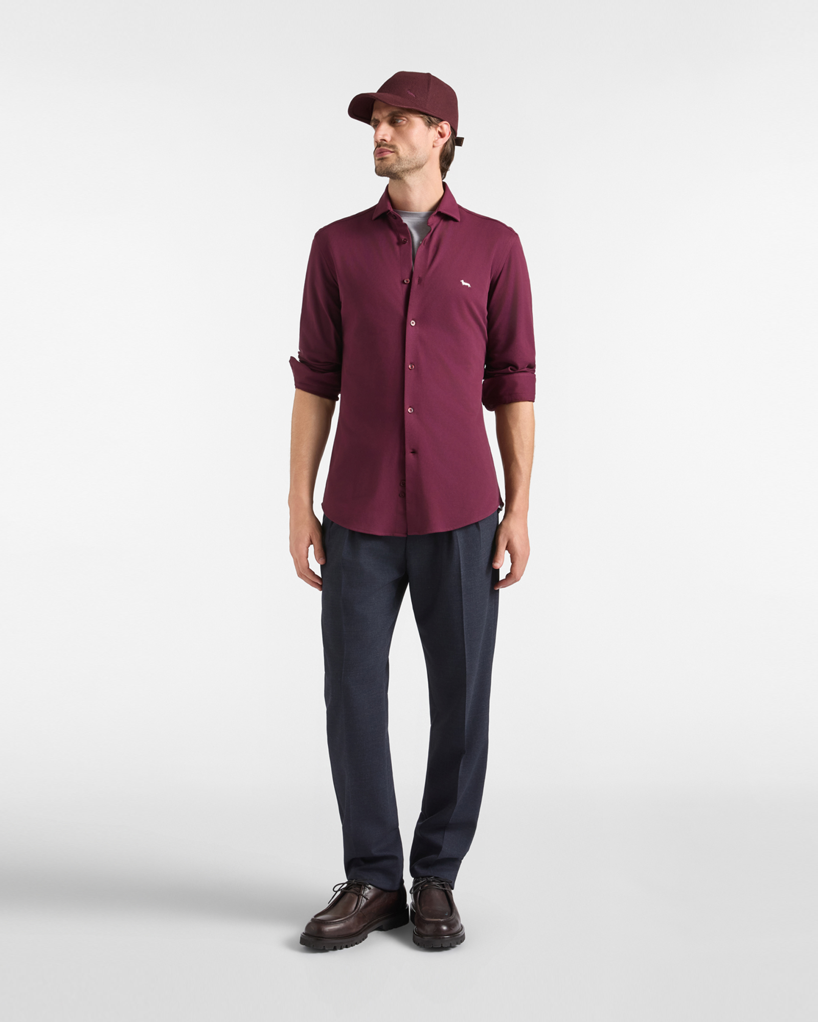 Men's narrow-fit shirt in solid dark  piqu&eacute;, DARK PURPLE, large image number 3