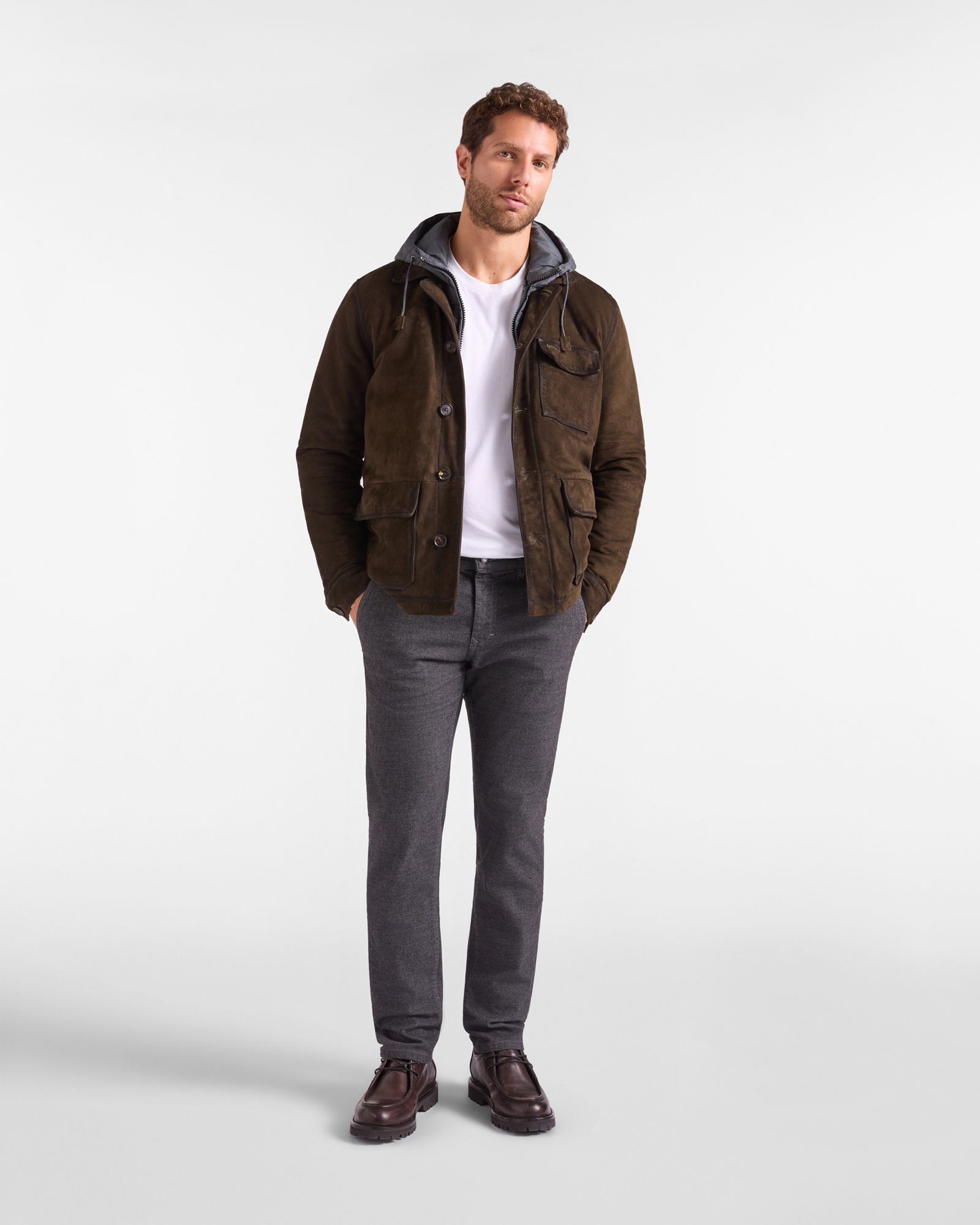 Men&rsquo;s suede coat with a nylon inner jacket, PETROLEUM GREEN, large