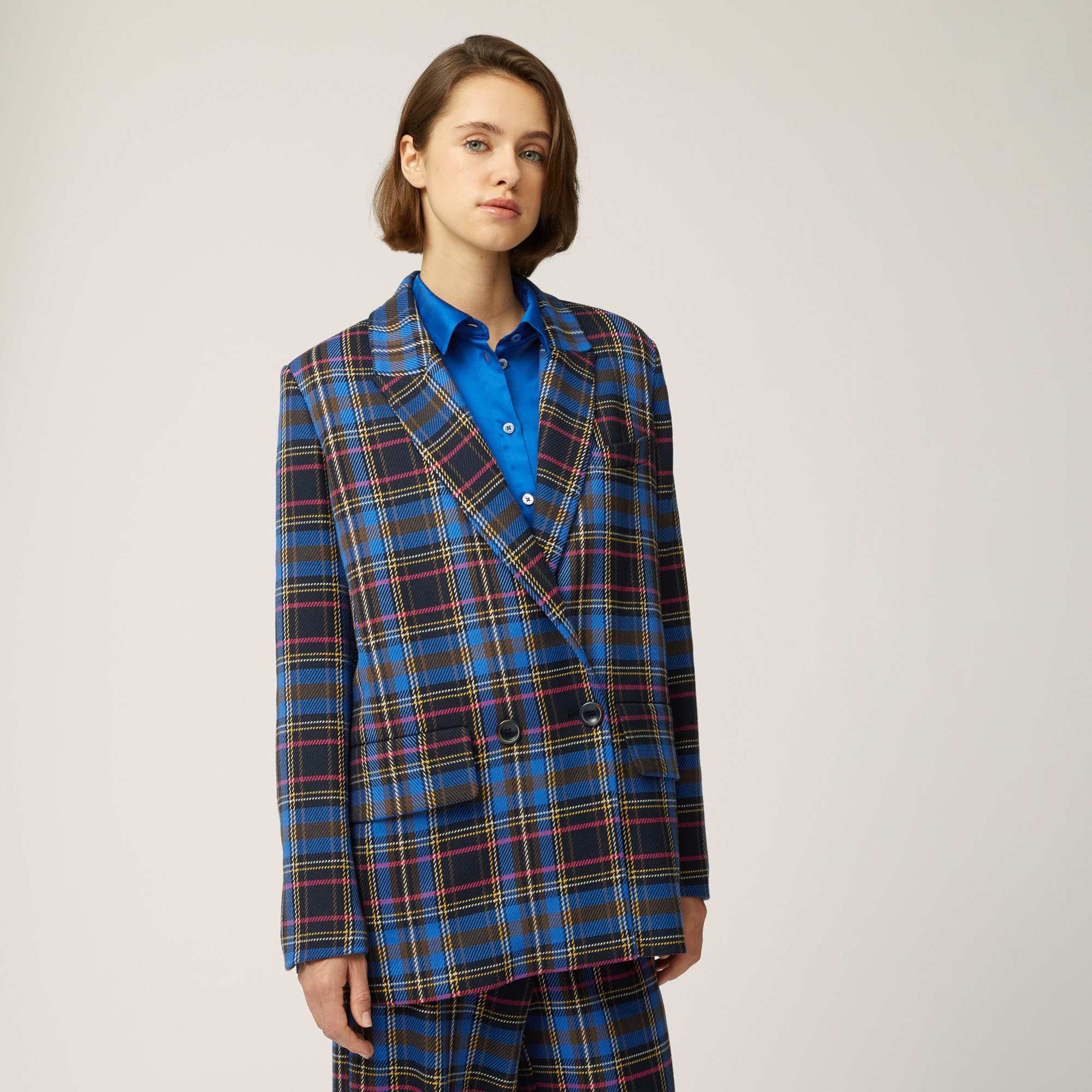 Double-Breasted Blazer With Chequered Pattern, Blue, large
