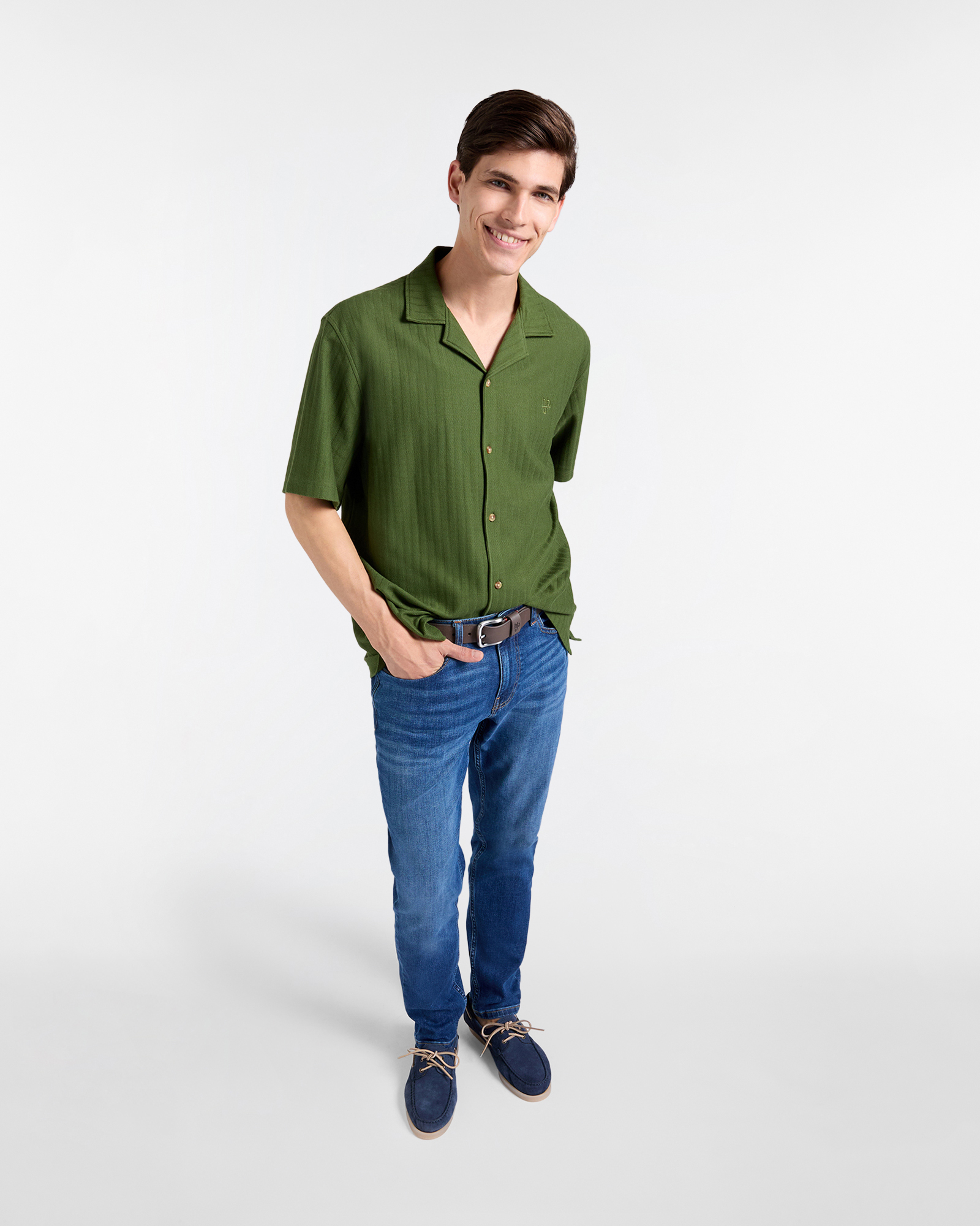 Polo camicia uomo over in jersey effetto dobby, Verde militare, large image number 3