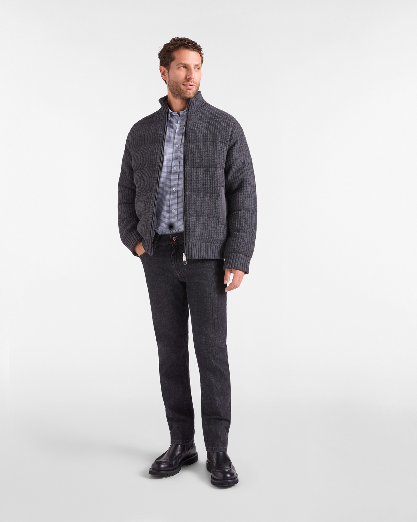 Men's regular fit knit jacket with zip-up stand-up collar in 100% pure wool, GRAY, large