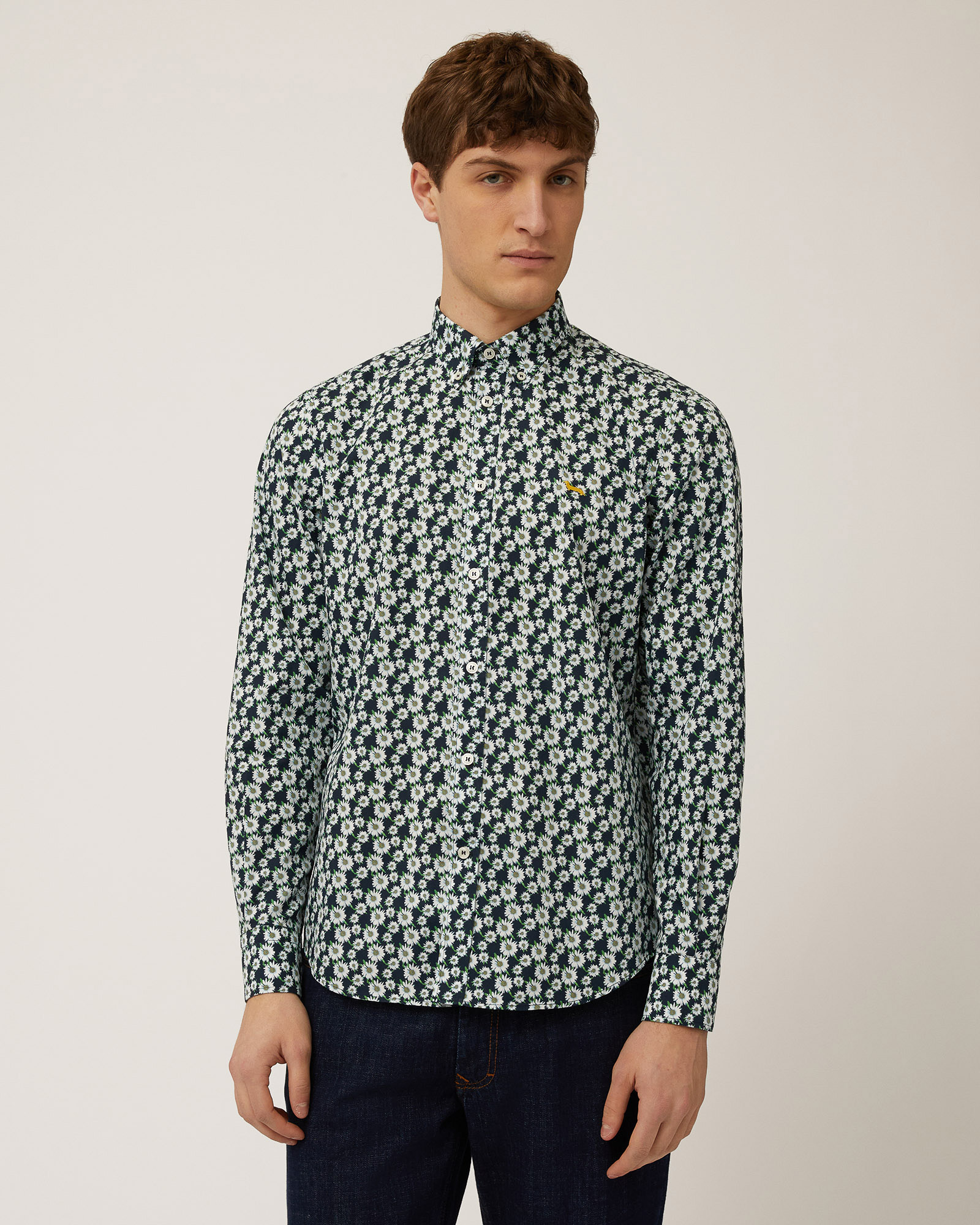 Shirt with All-Over Daisies, Navy Blue, large image number 0