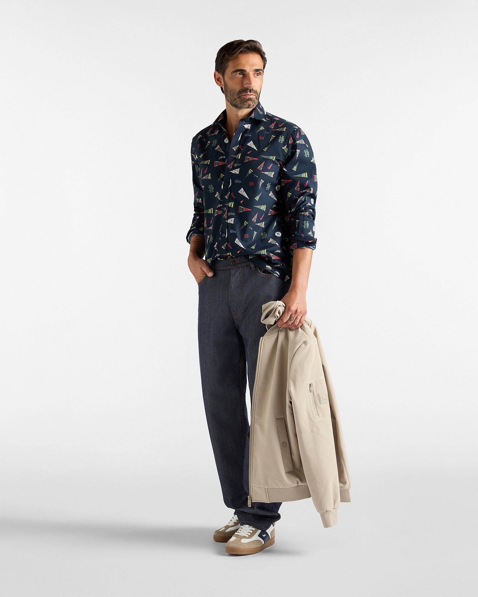 POPLIN SHIRT WITH FLAG PRINT, NAVY BLUE, large image number 3