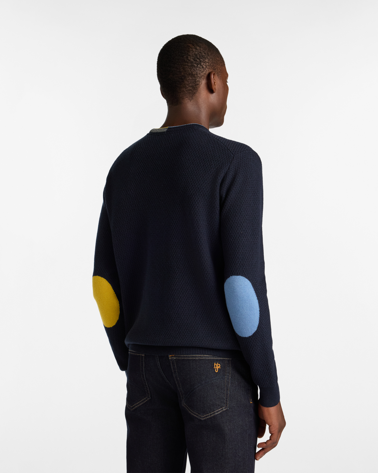 Crewneck Sweater with Contrast Elbow Patches, Dark Blue, large image number 1