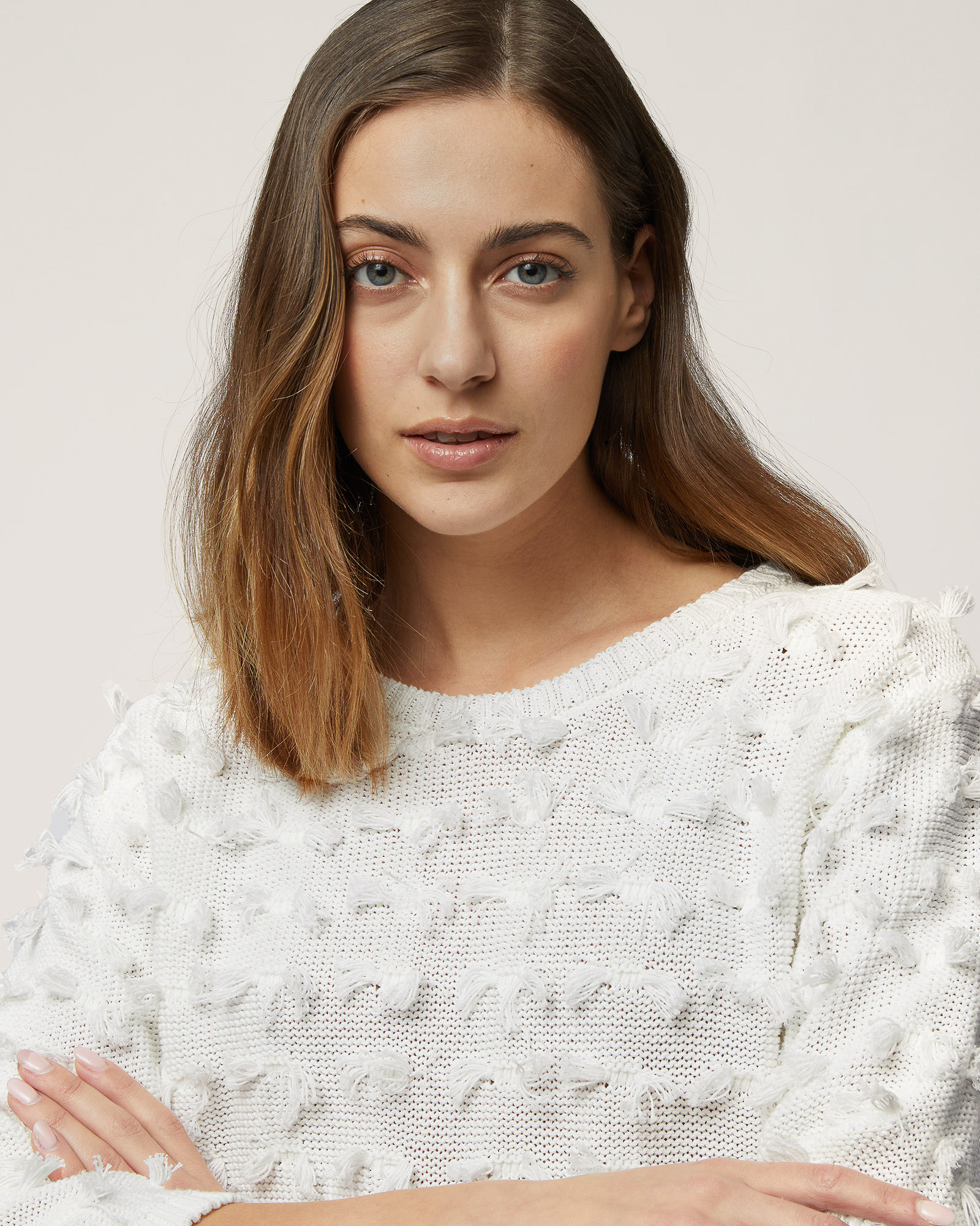 Cotton Sweater with Tufts, Creamy White, large image number 2