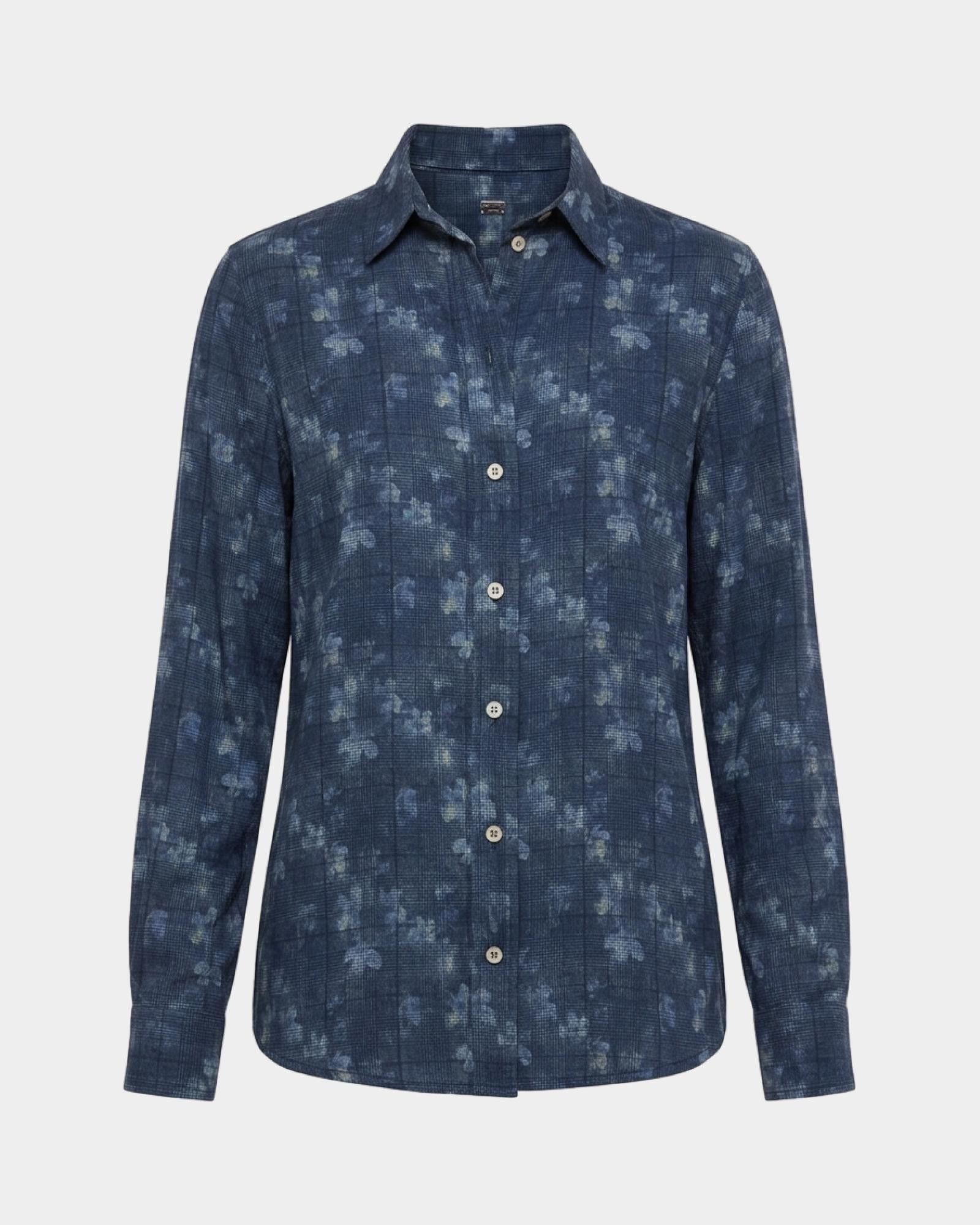 Women's faded dark blue floral print shirt, BLUE, large
