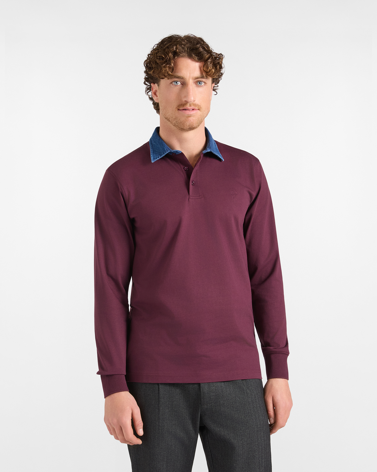 Polo HBJ Uomo con Colletto in Denim di Puro Cotone, PRUGNA, large