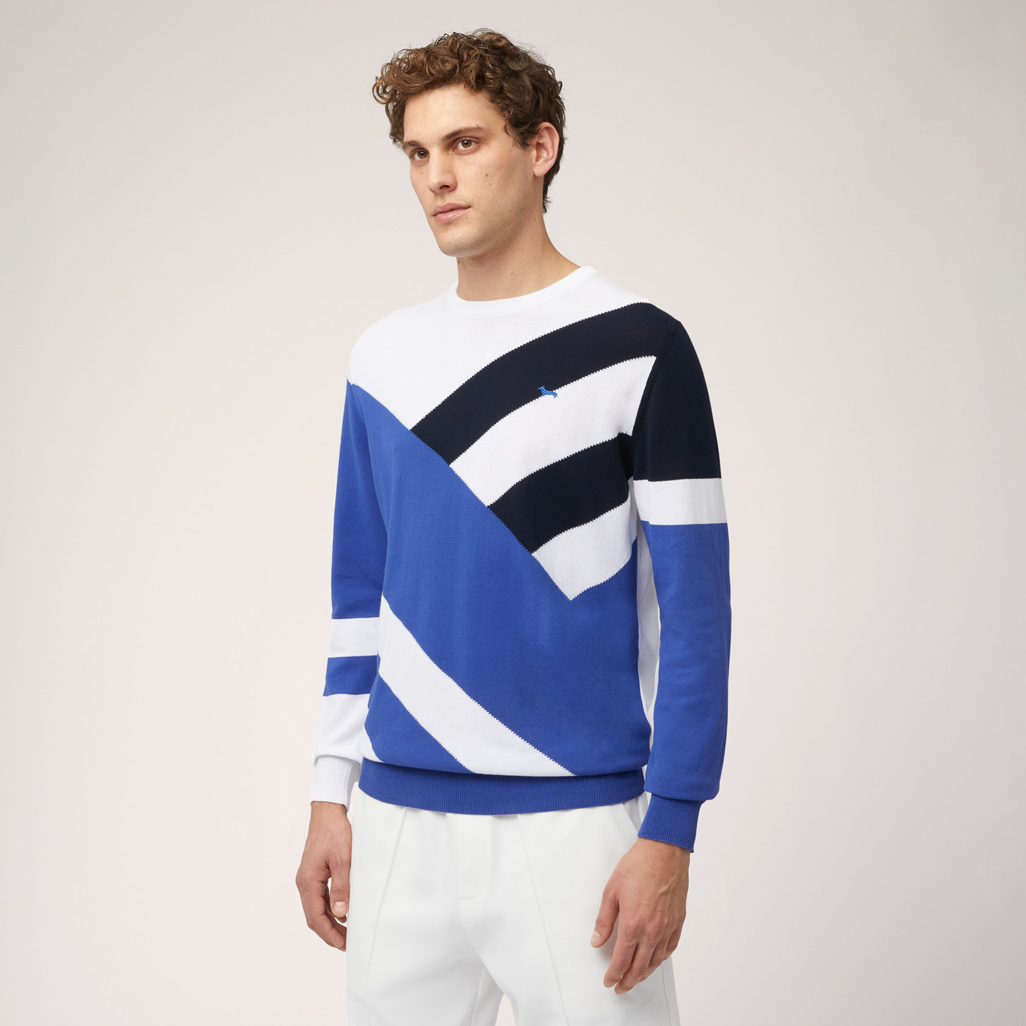 Cotton Crepe Crew Neck Pullover with Transverse Stripes, Blue, large image number 0