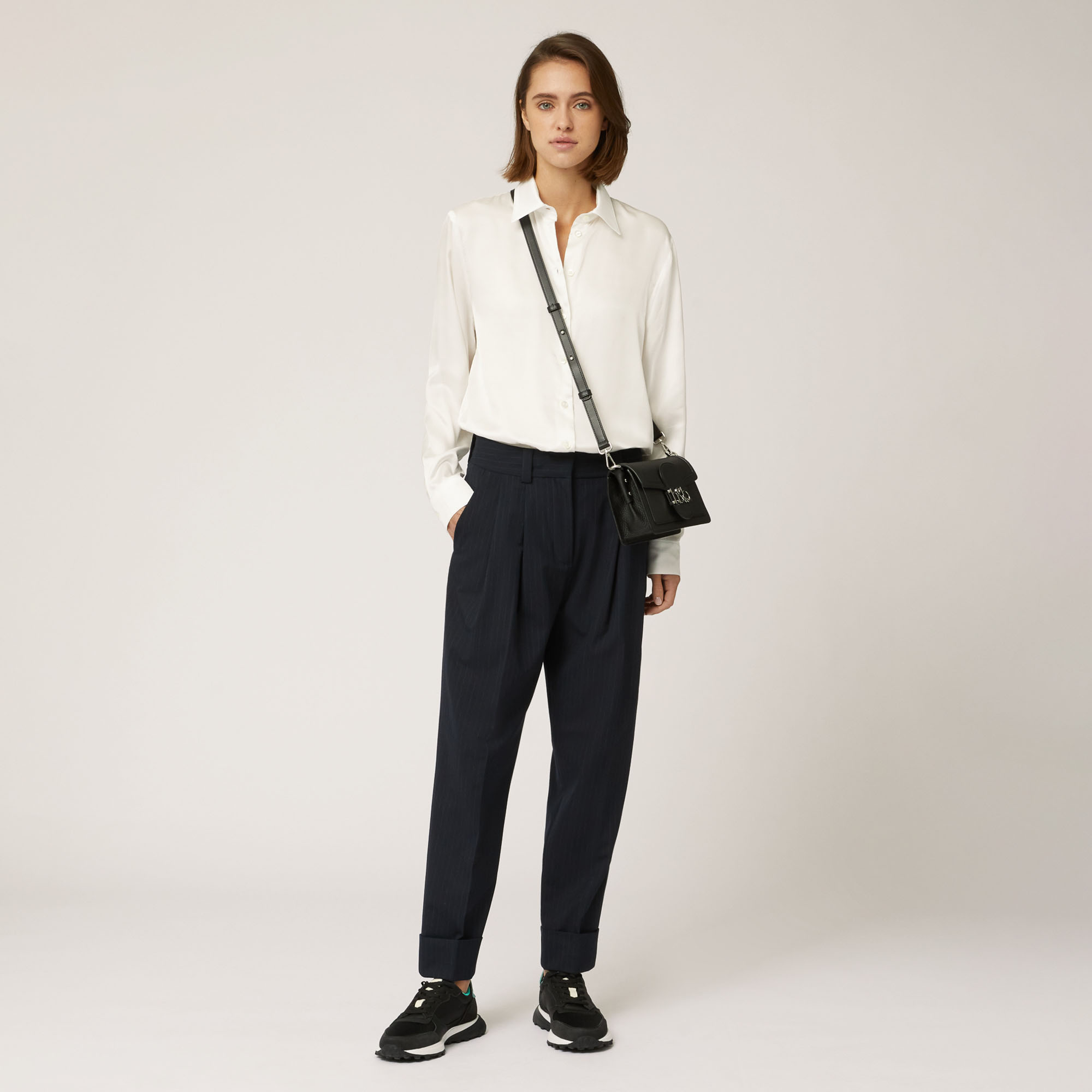 Pantalone In Tessuto Gessato Stretch, Blu Navy, large image number 3