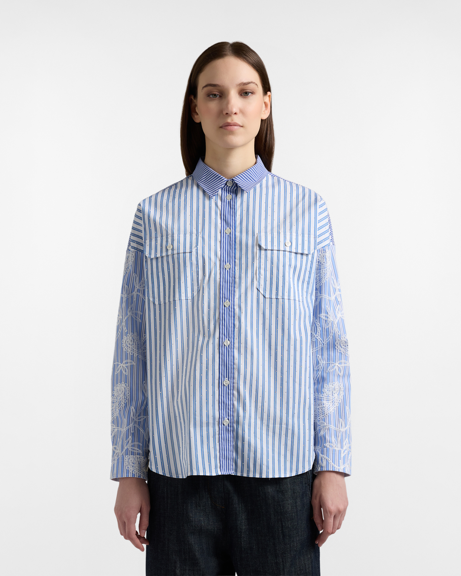Women's oversized shirt with mixed striped fabrics
