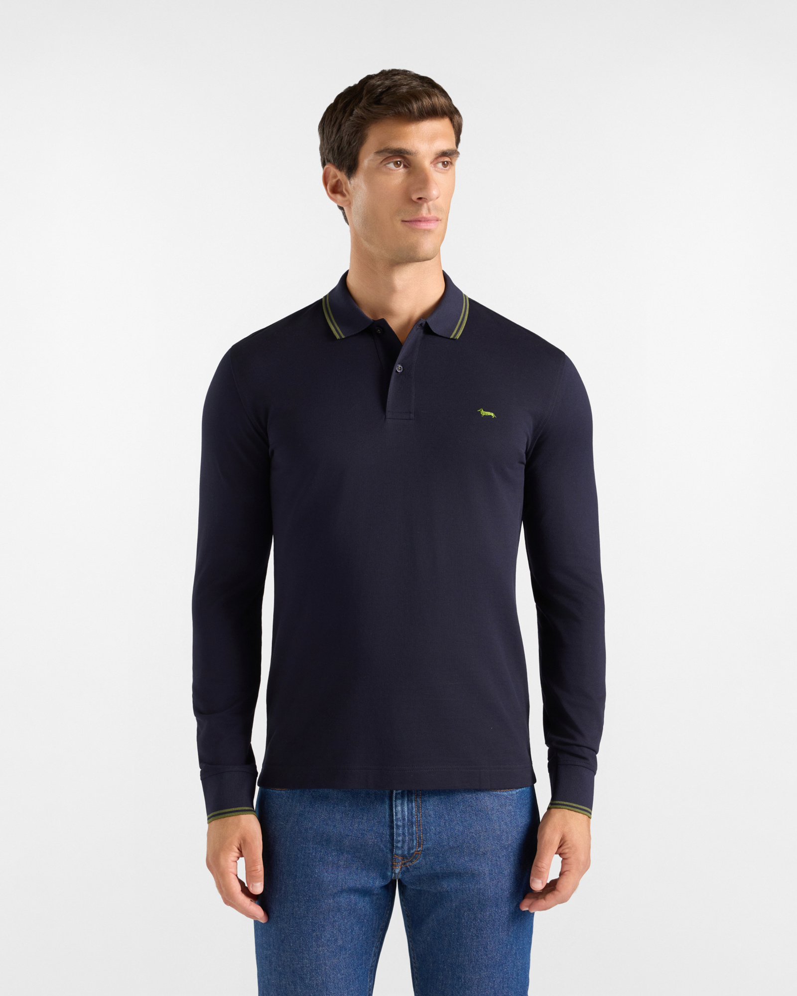 Men's long-sleeve blue 100% pure cotton piqu&eacute; polo shirt