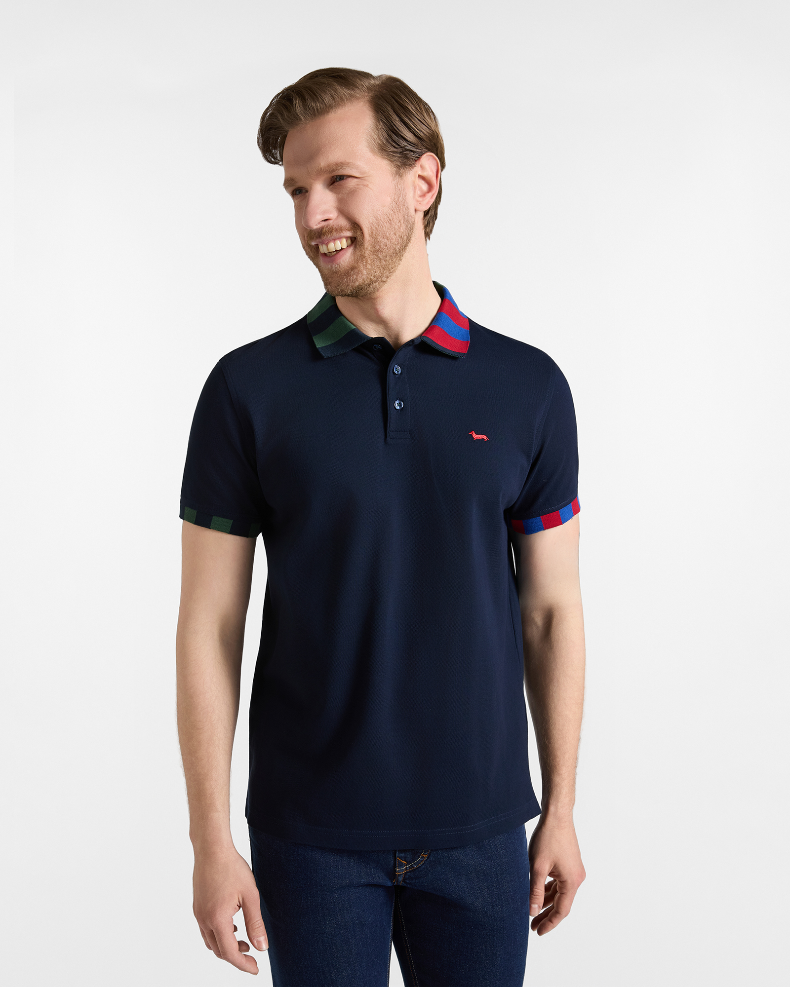 Men's short-sleeve blue mercerized 100% pure cotton piqu&eacute; polo shirt