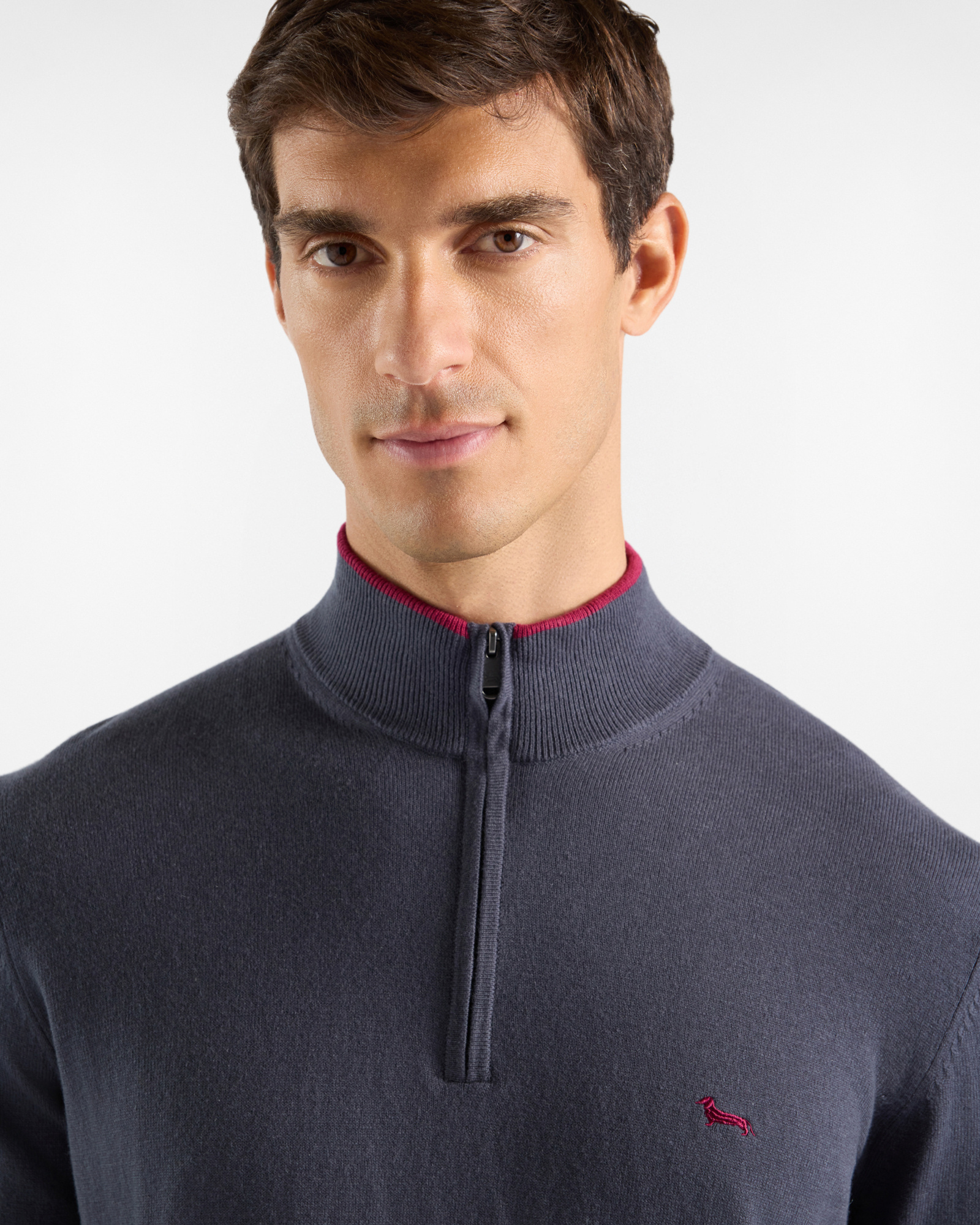 Men's regular fit sweater with half-zip stand-up collar in wool and cotton blend, GRAY, large