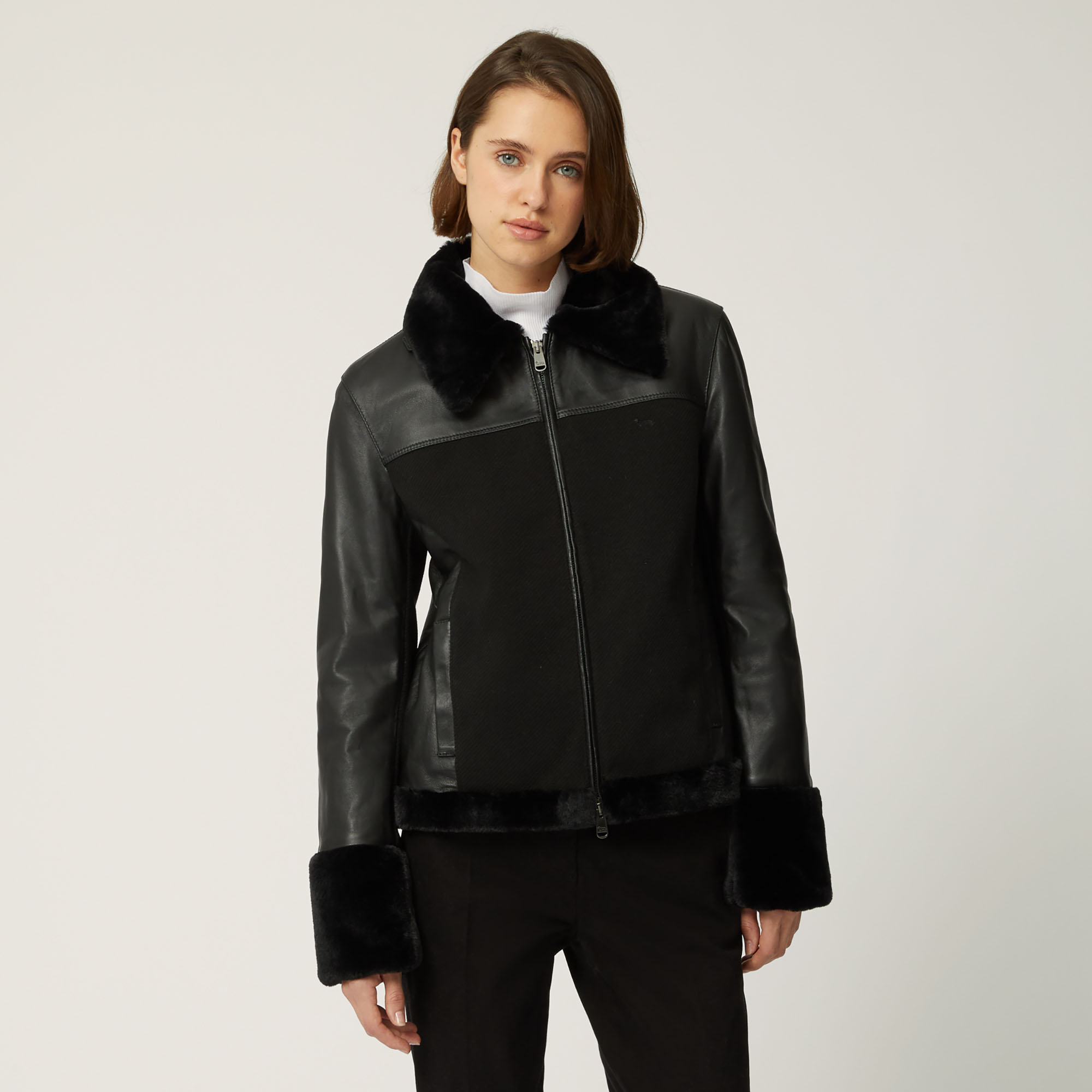 Chaqueta De Piel Con Detalles De Pelo, Negro, large image number 0