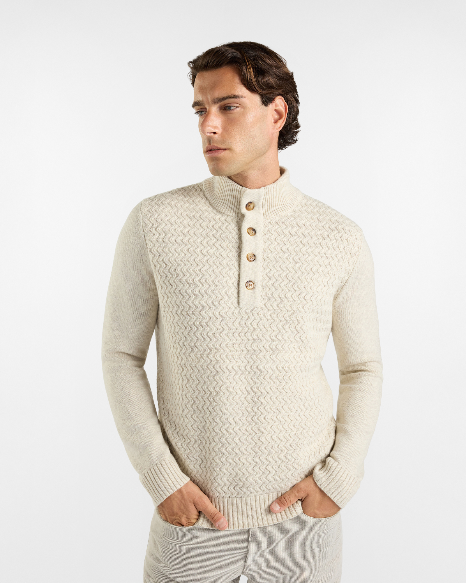Maglia HBJ Uomo con Collo Alto e Finta Bottonata in Misto Mohair, BIANCO, large