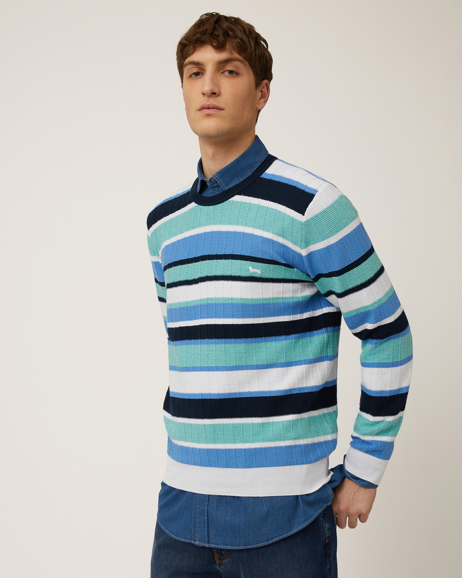 Cotton Striped Pullover, Turquoise, large image number 0