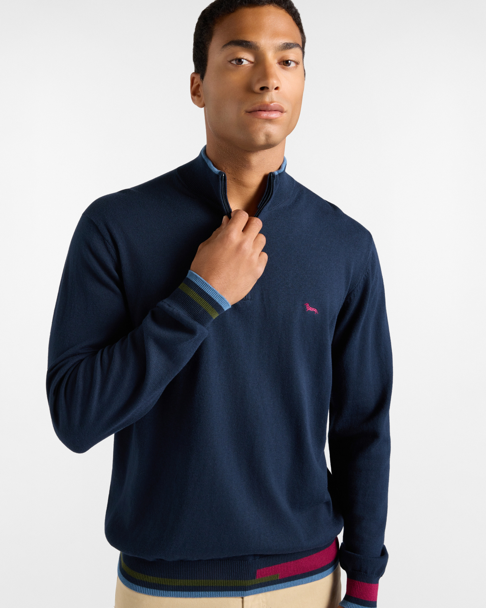 Men's regular fit sweater with half-zip stand-up collar in wool and cotton blend, NAVY BLUE, large