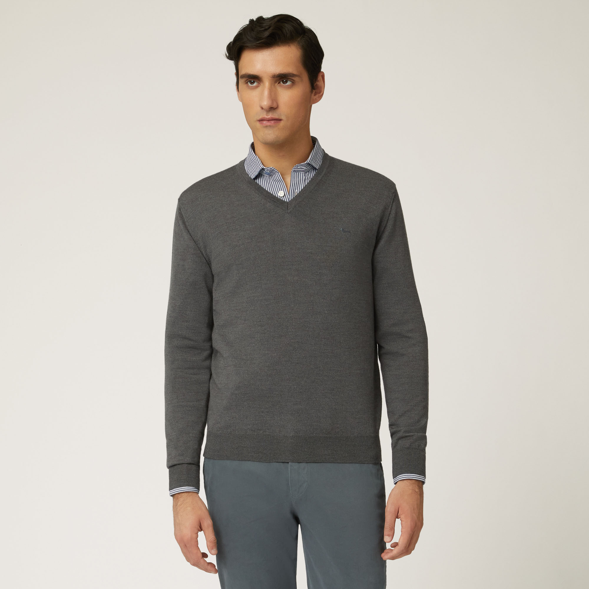 Pullover In Lana Merino Con Scollo A V, Blu, large image number 0