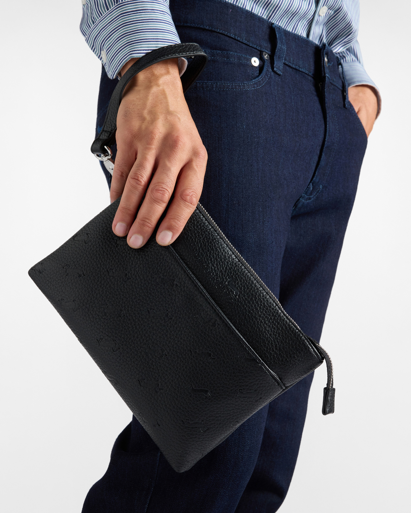 Men&rsquo;s flat black clutch with handle and all-over dachshund pattern