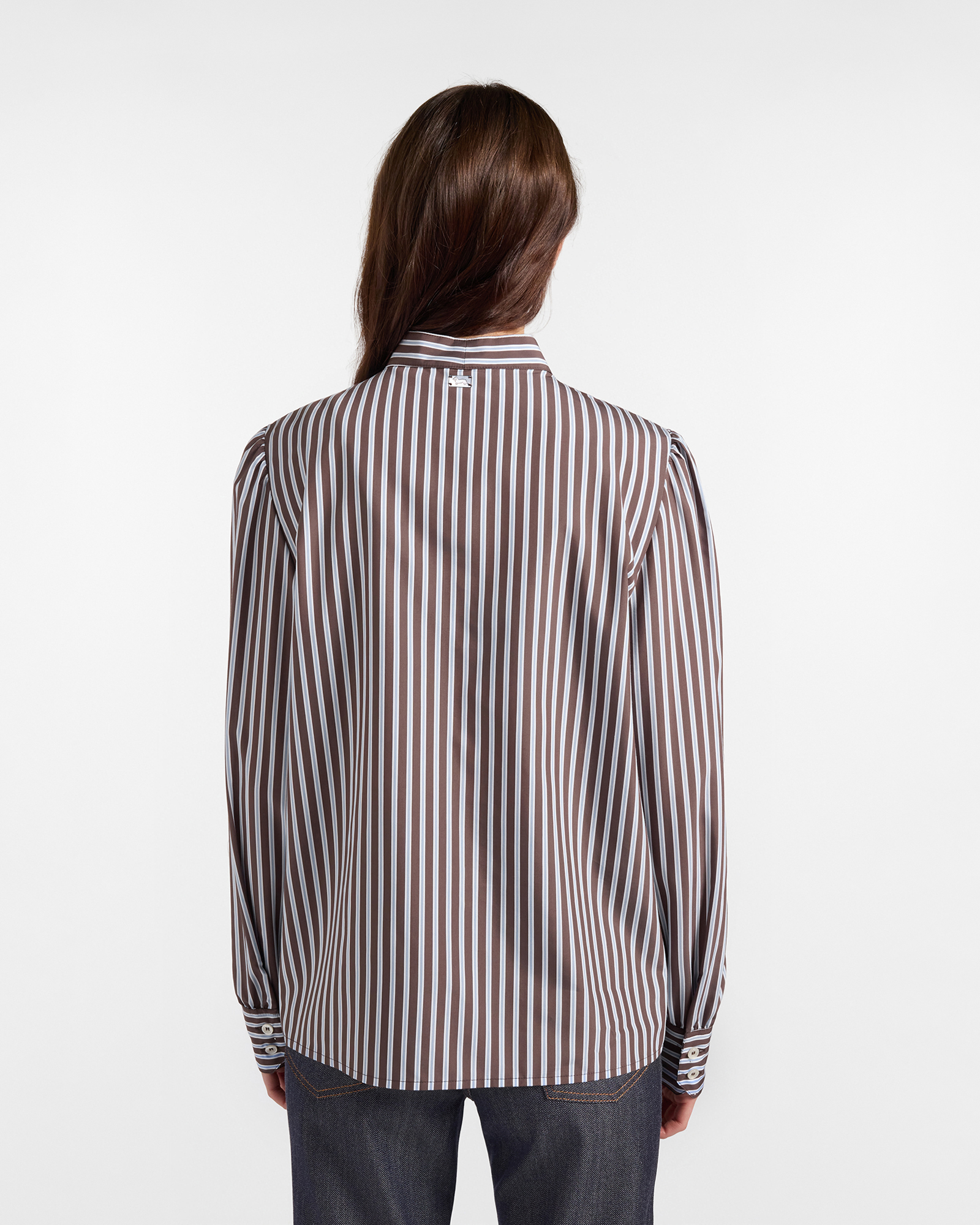Women's Made in Italy  striped shirt with tie-neck collar, BROWN, large