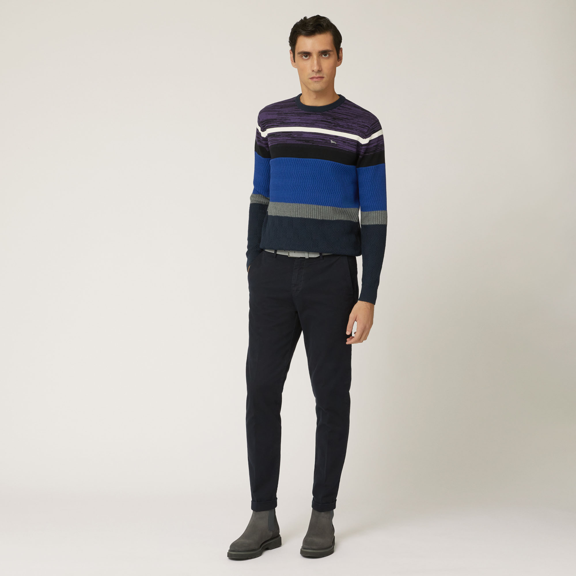Pullover Girocollo In Lana E Cotone Con Bande Orizzontali, Blu Navy, large image number 3
