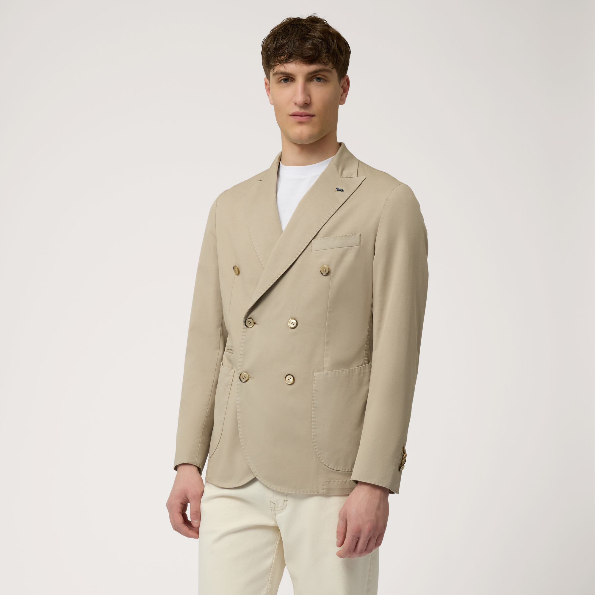 Cotton Double-Breasted Jacket, Beige, large