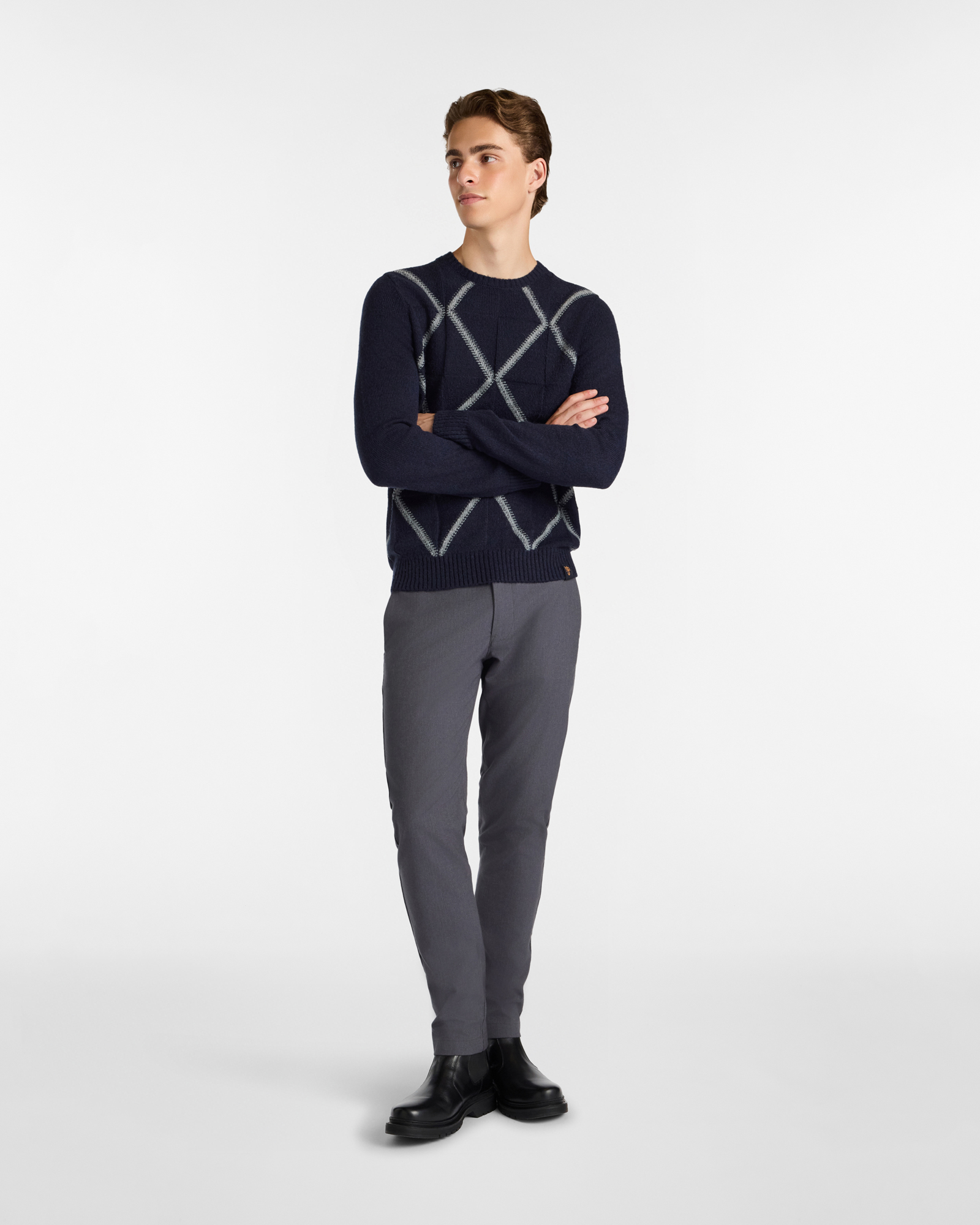 Crewneck Sweater with Argyle Pattern, Dark Blue, large image number 3