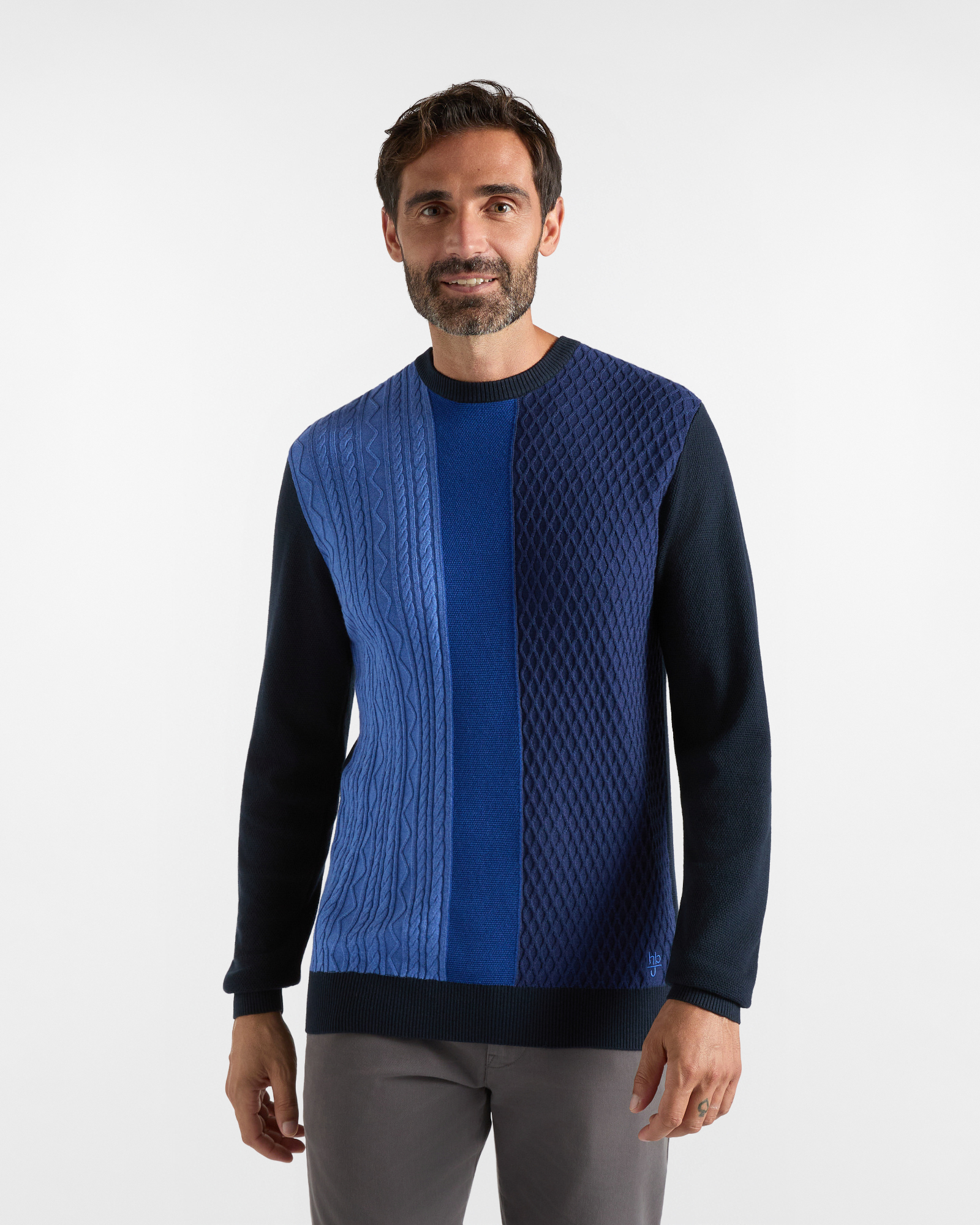 Maglia girocollo HBJ Uomo colour-block in misto lana e cashmere blu scuro