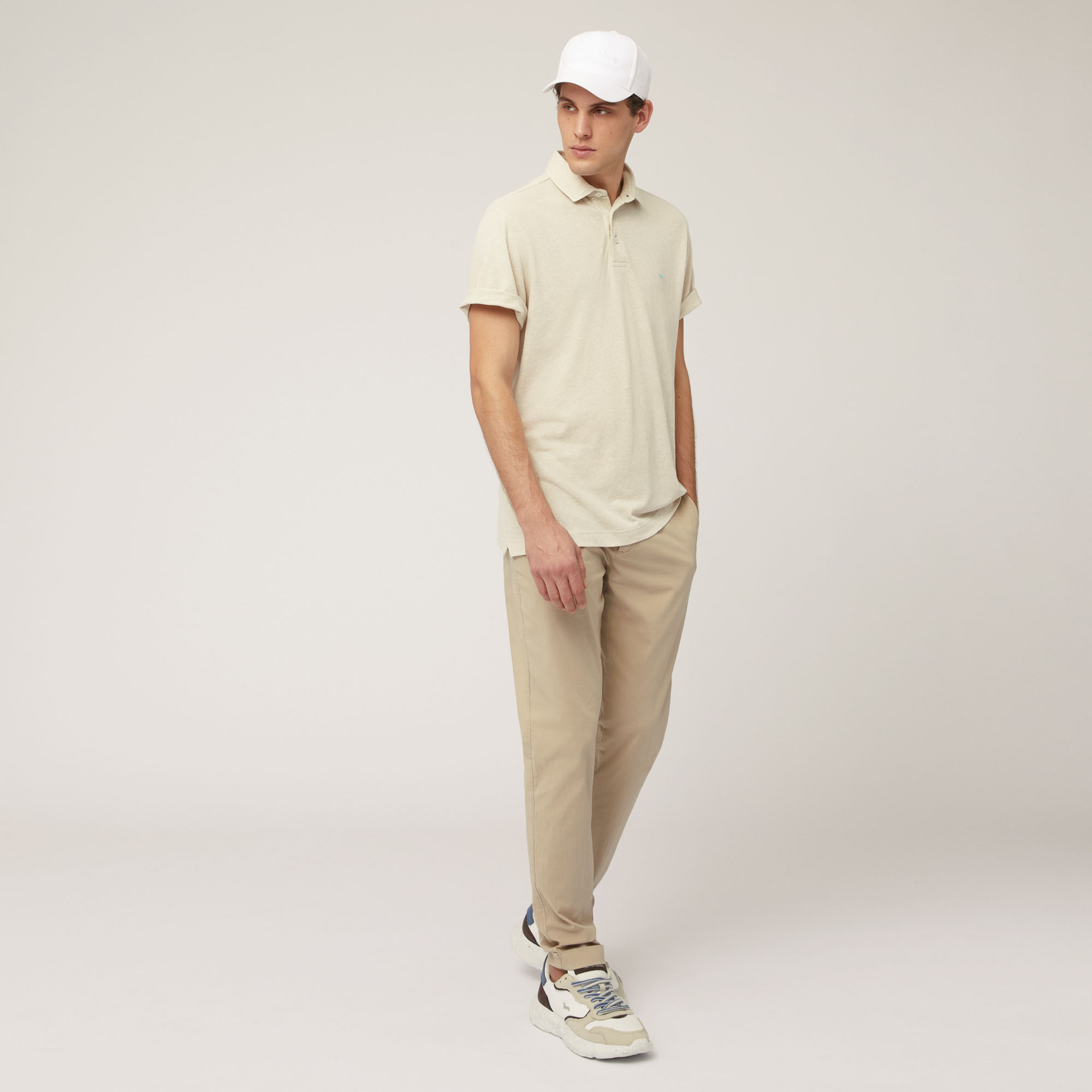 Cotton and Linen Jersey Polo, Beige, large image number 3