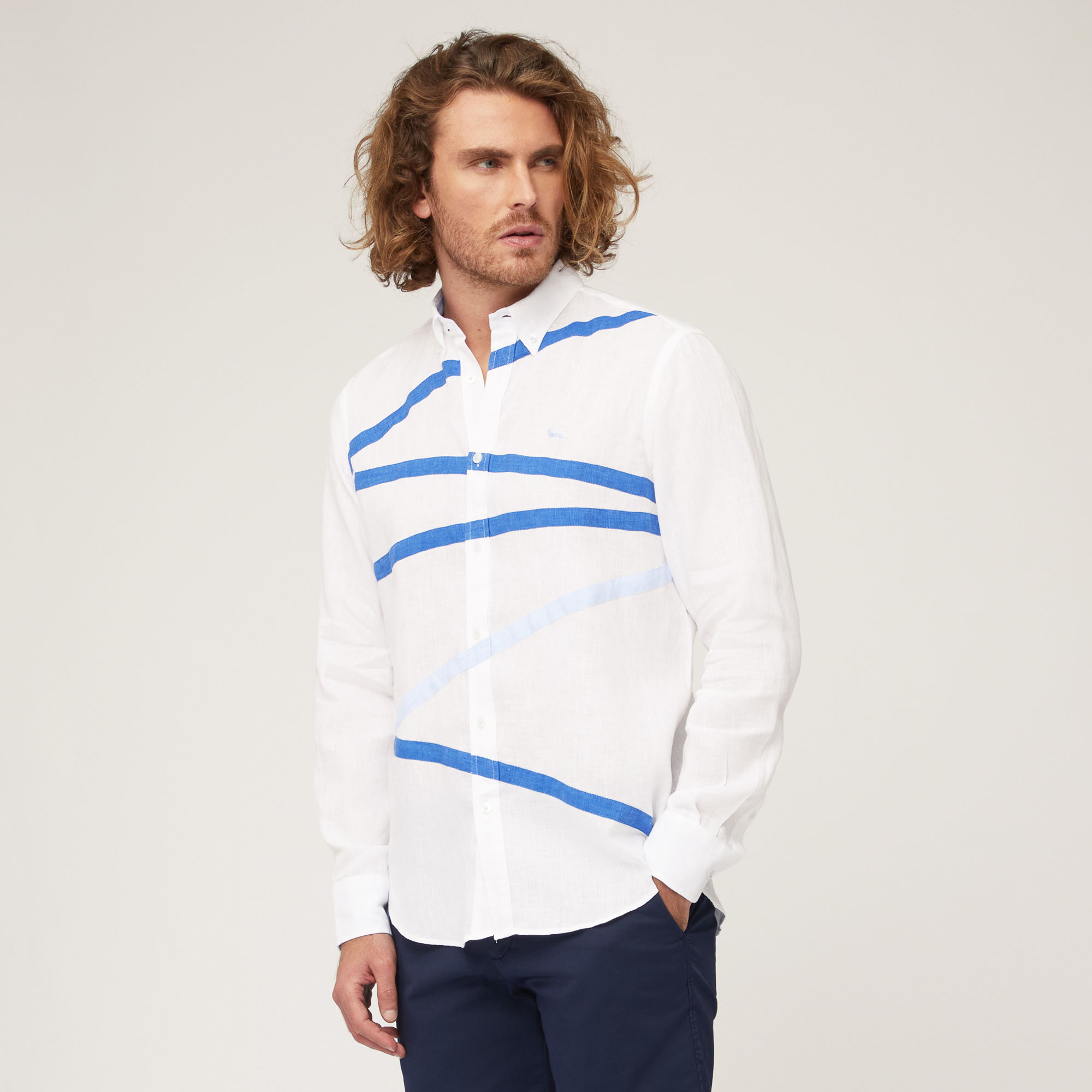 Camicia In Cotone Con Fasce Bicolor, Bianco, large image number 0