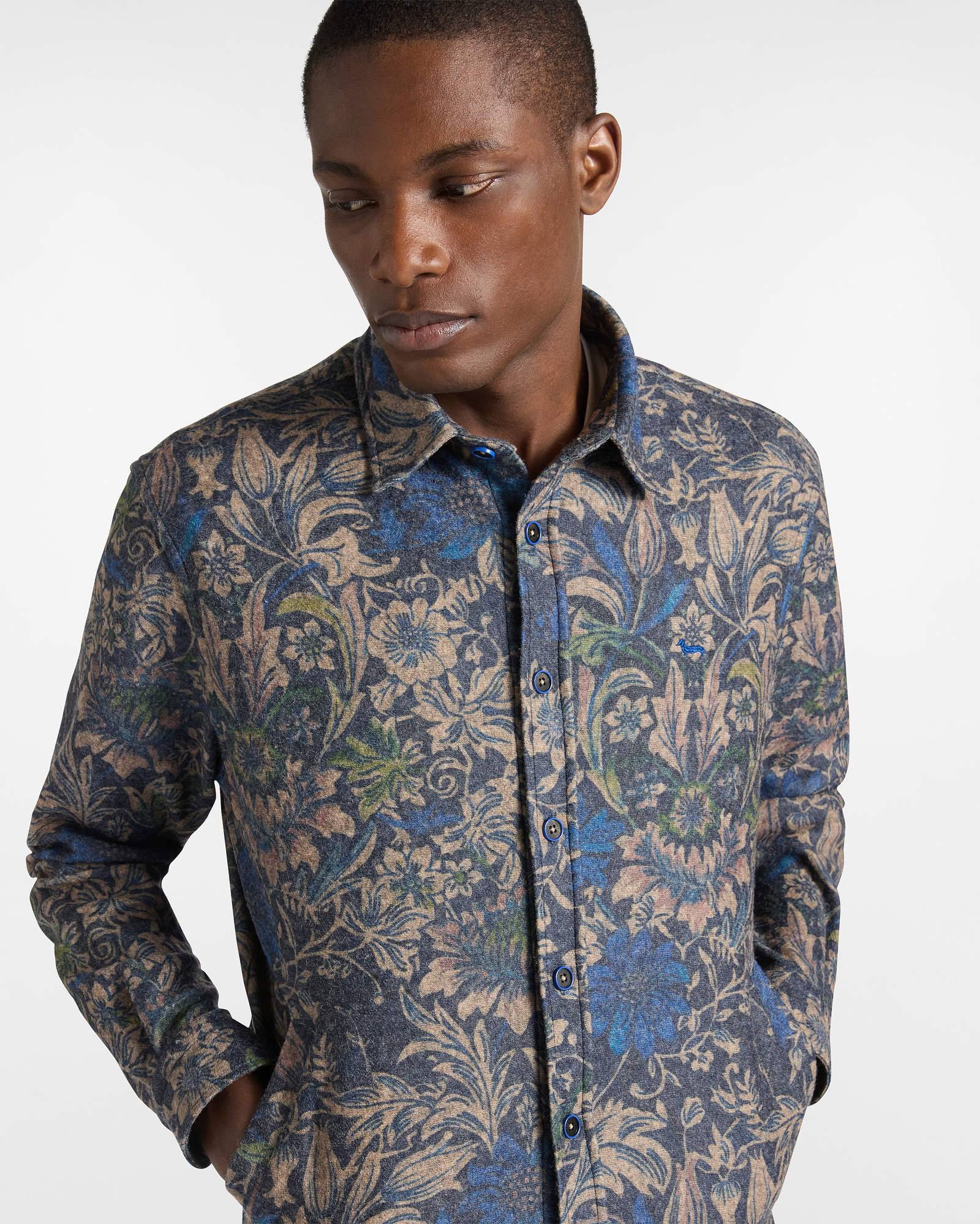 Sobrecamisa Floral en Mezcla de Lana, Azul Navy, large image number 2