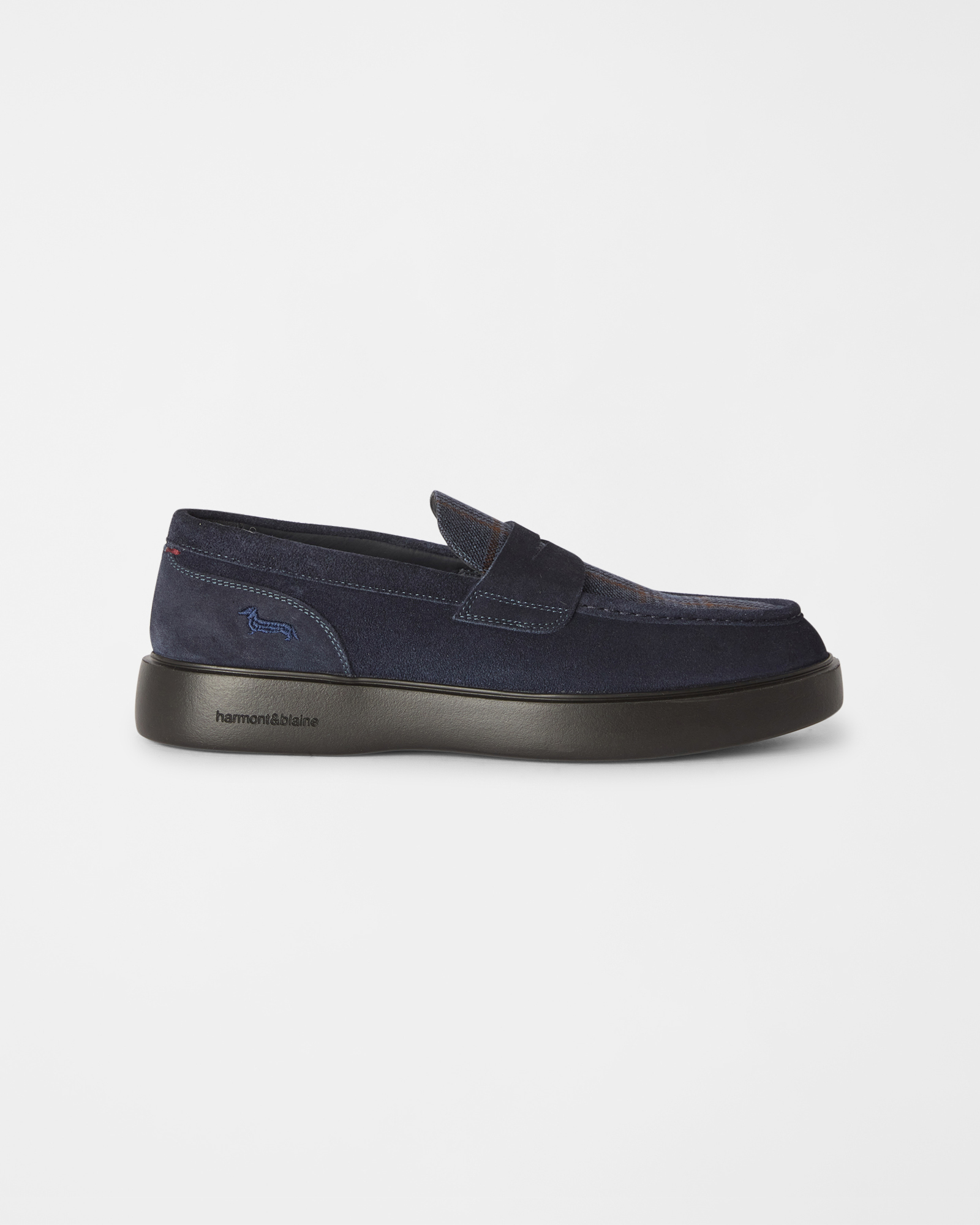 Men's navy blue loafers in suede and tartan fabric