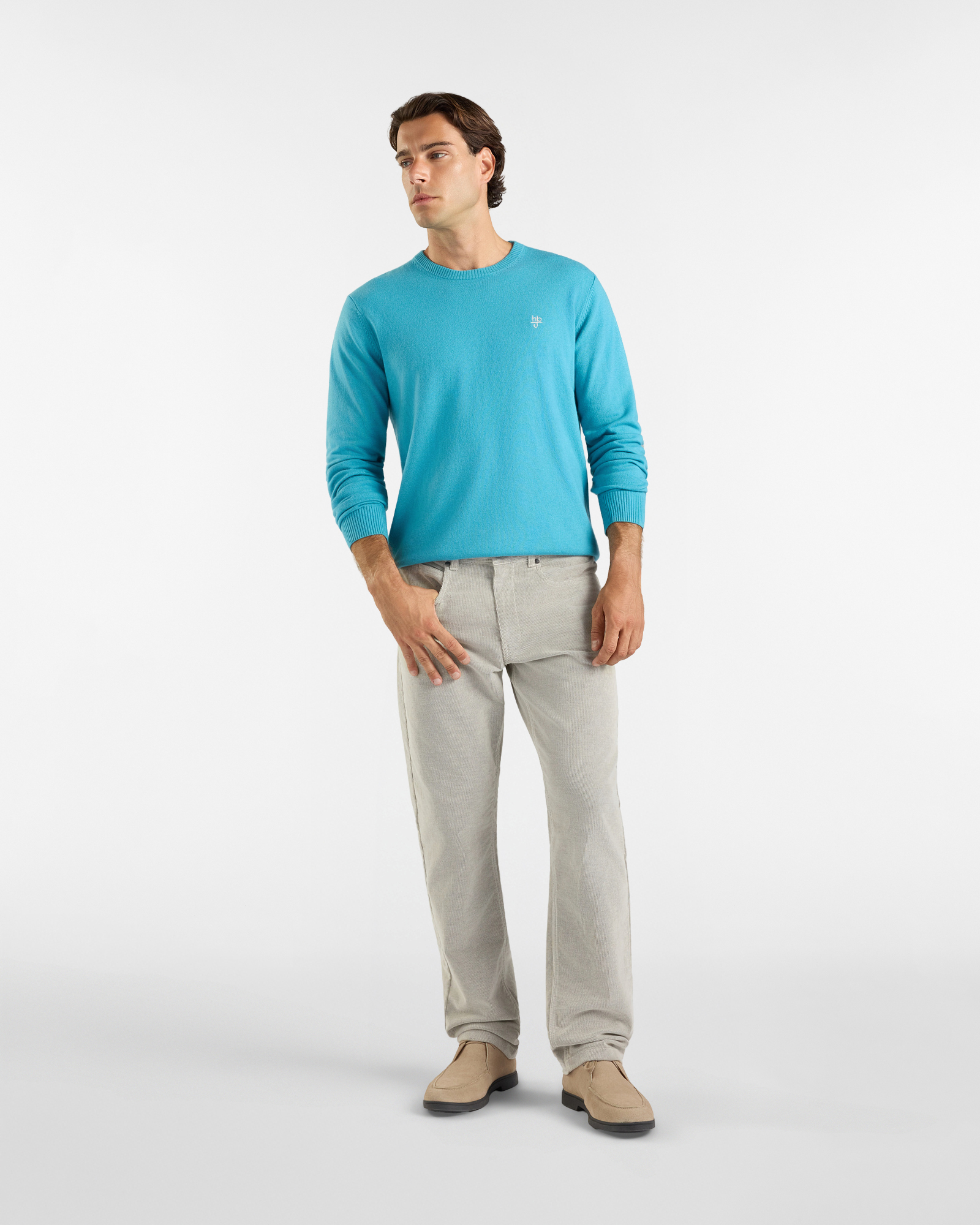 Maglia HBJ Uomo in punto cardato con toppe, girocollo in misto lana e cashmere, VERDE, large