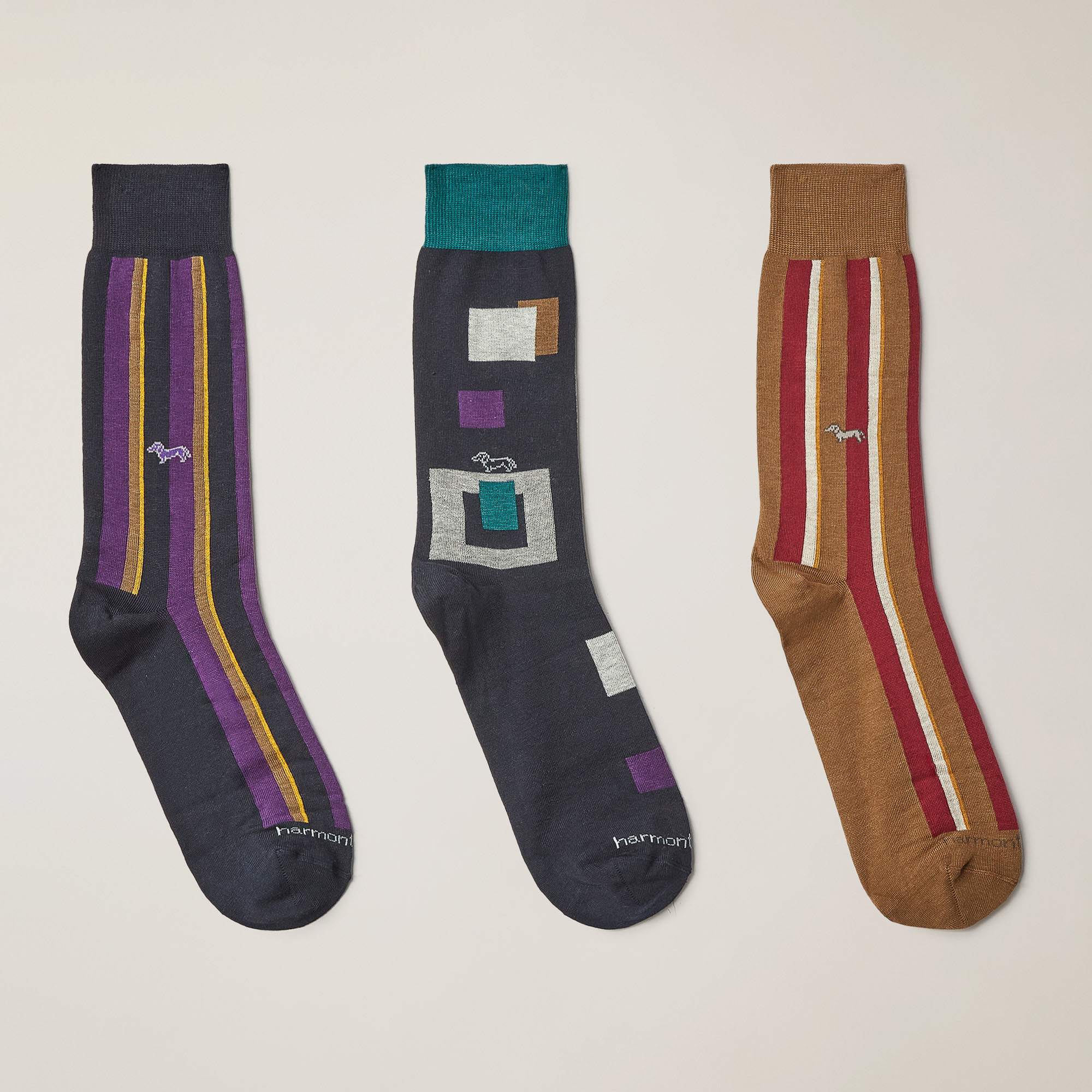 Three-Pair Set Of Short Patchwork/Regimental-Stripe Socks, Blue, large