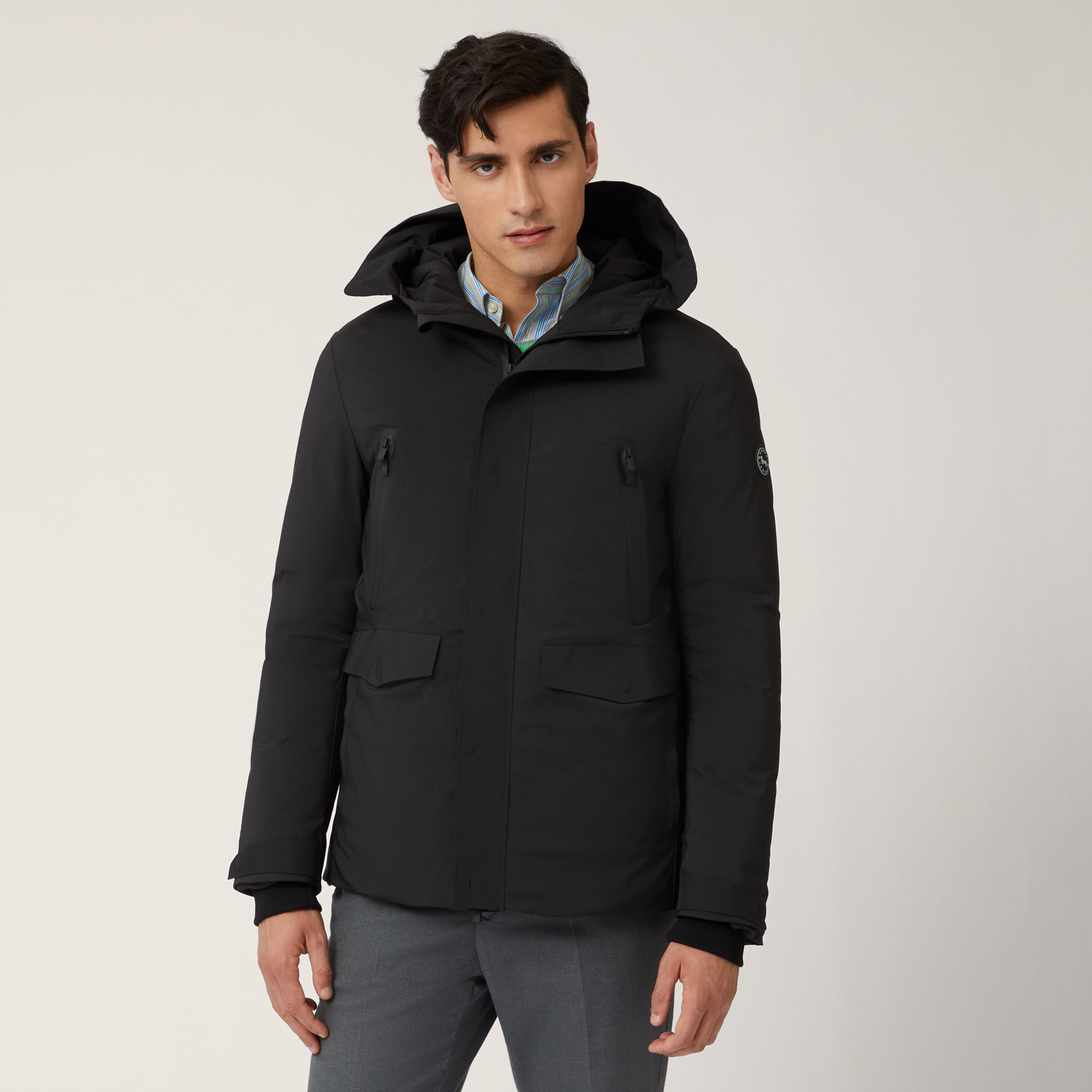 Hooded Technical Fabric Jacket, Black, large image number 0