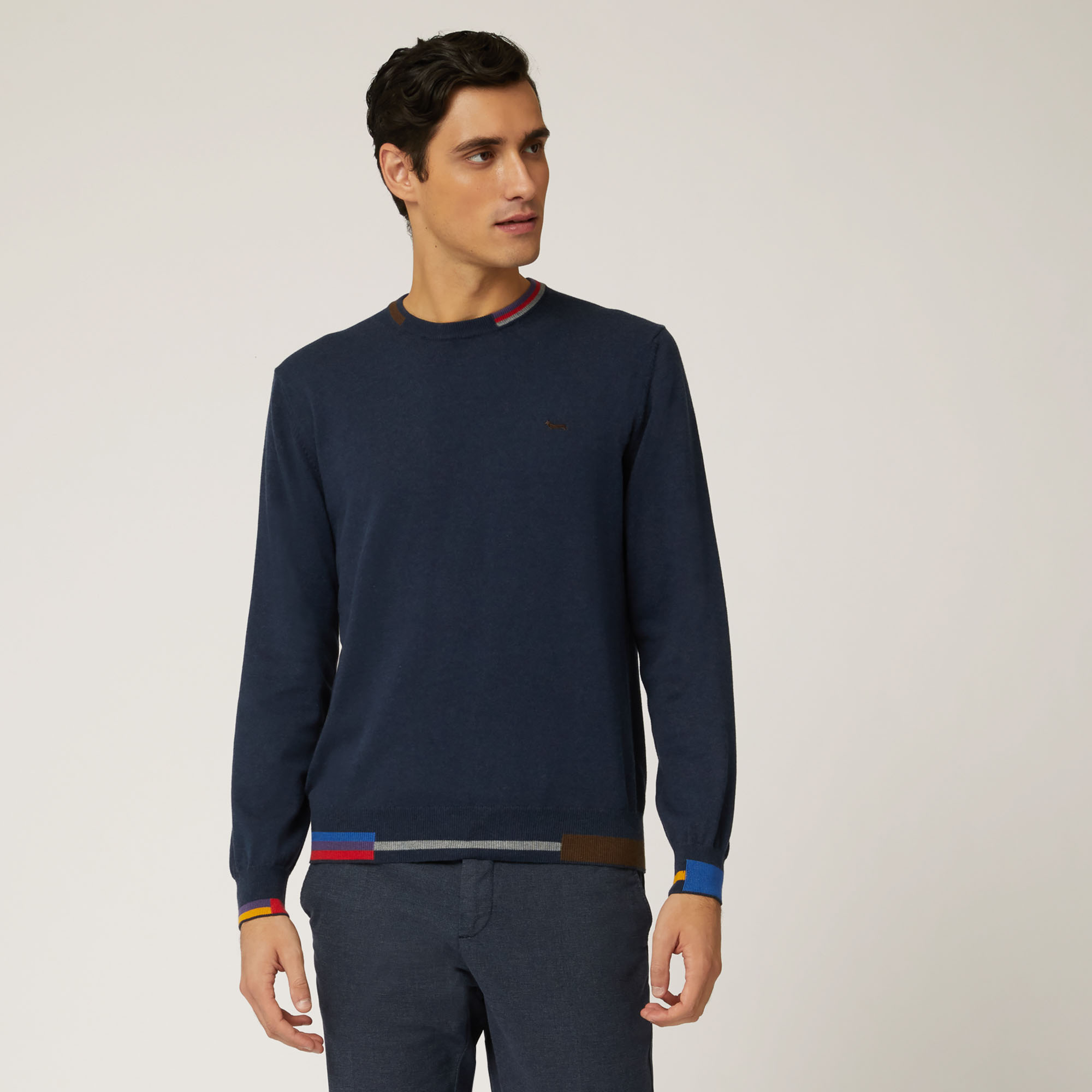 Pullover Girocollo In Cotone E Lana Con Dettagli A Contrasto, Blu Navy, large image number 0