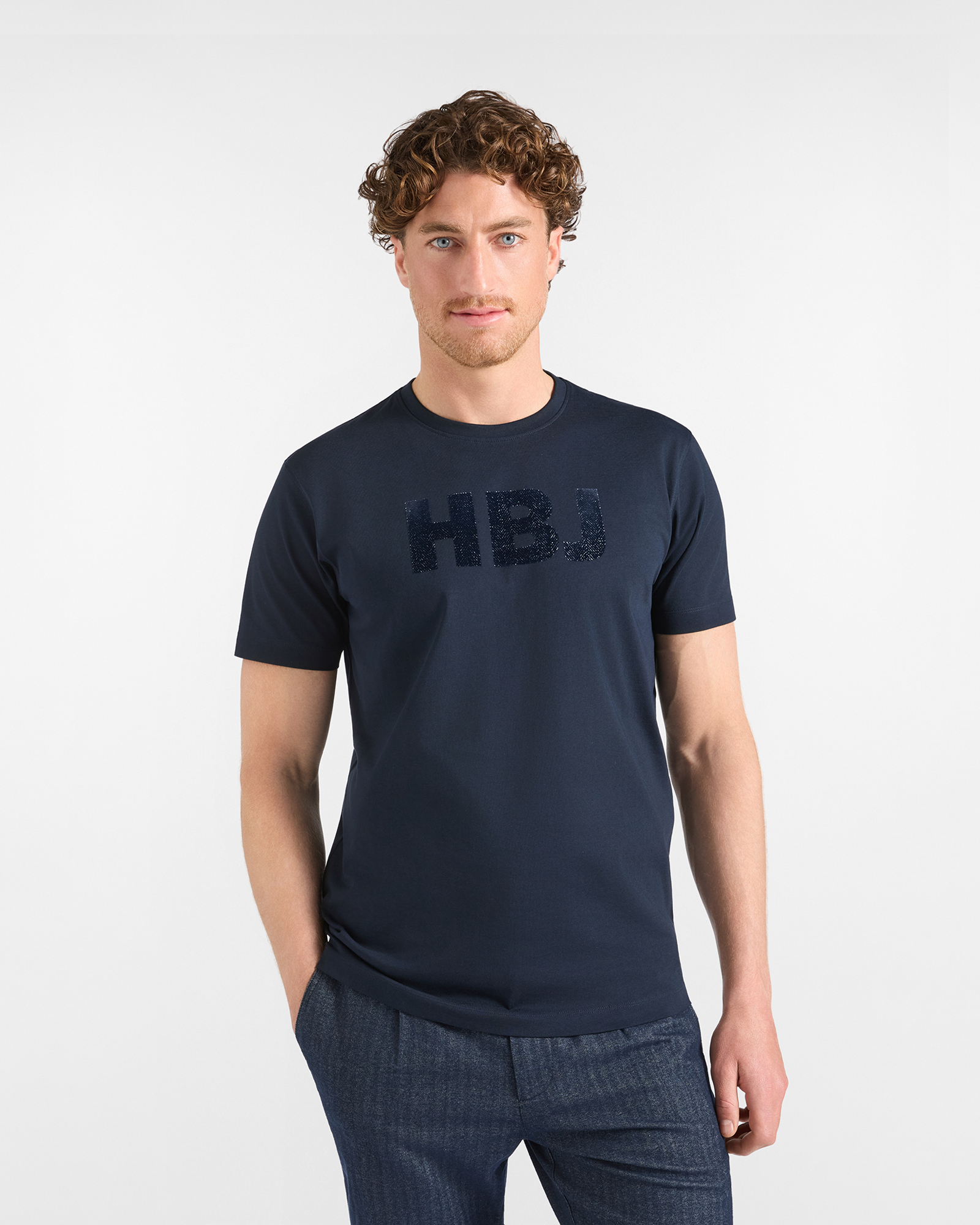 Men&rsquo;s HBJ T-shirt with HBJ Print in Pure Dark Blue Cotton