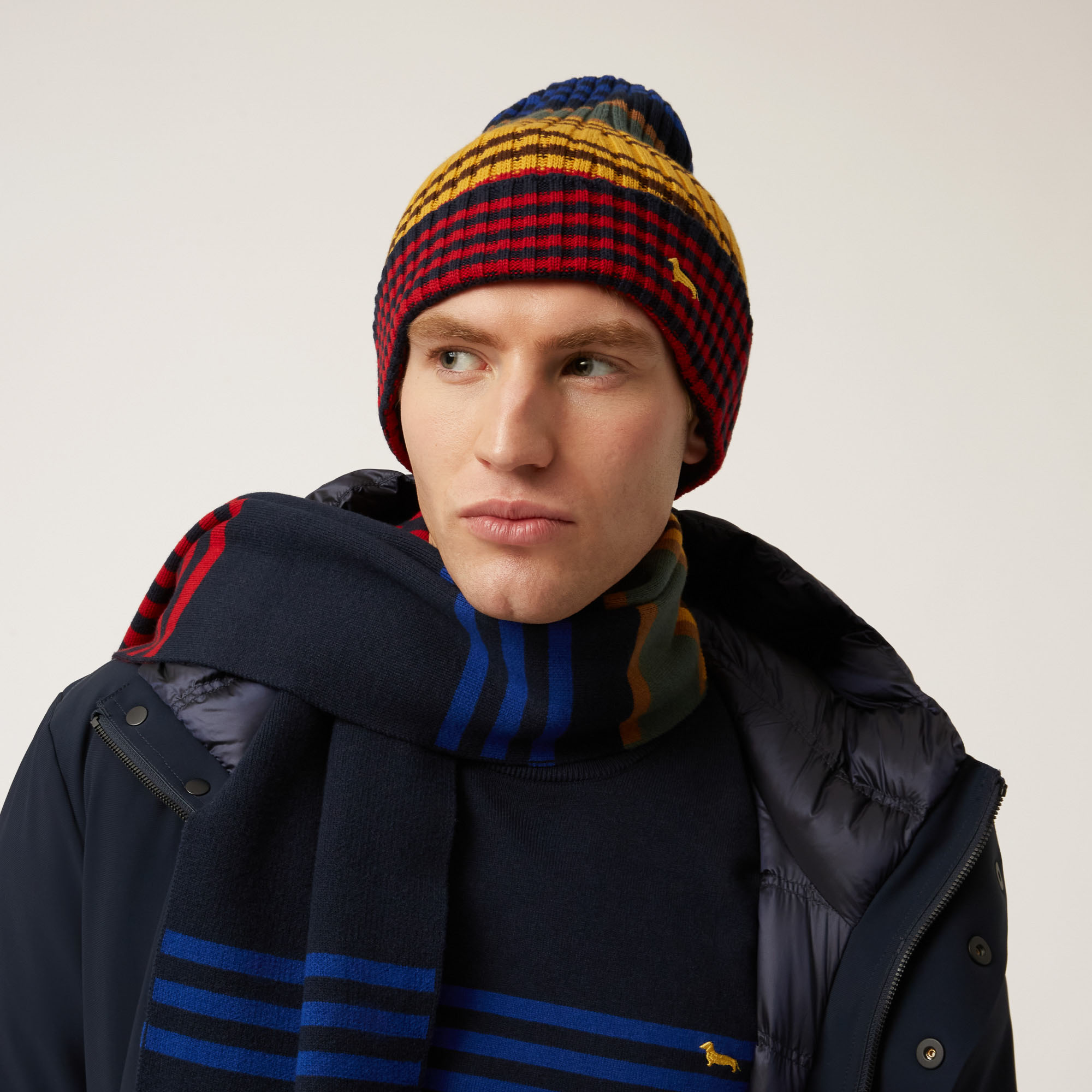 Ribbed Short Beanie With Multicolored Stripes, Blue, large