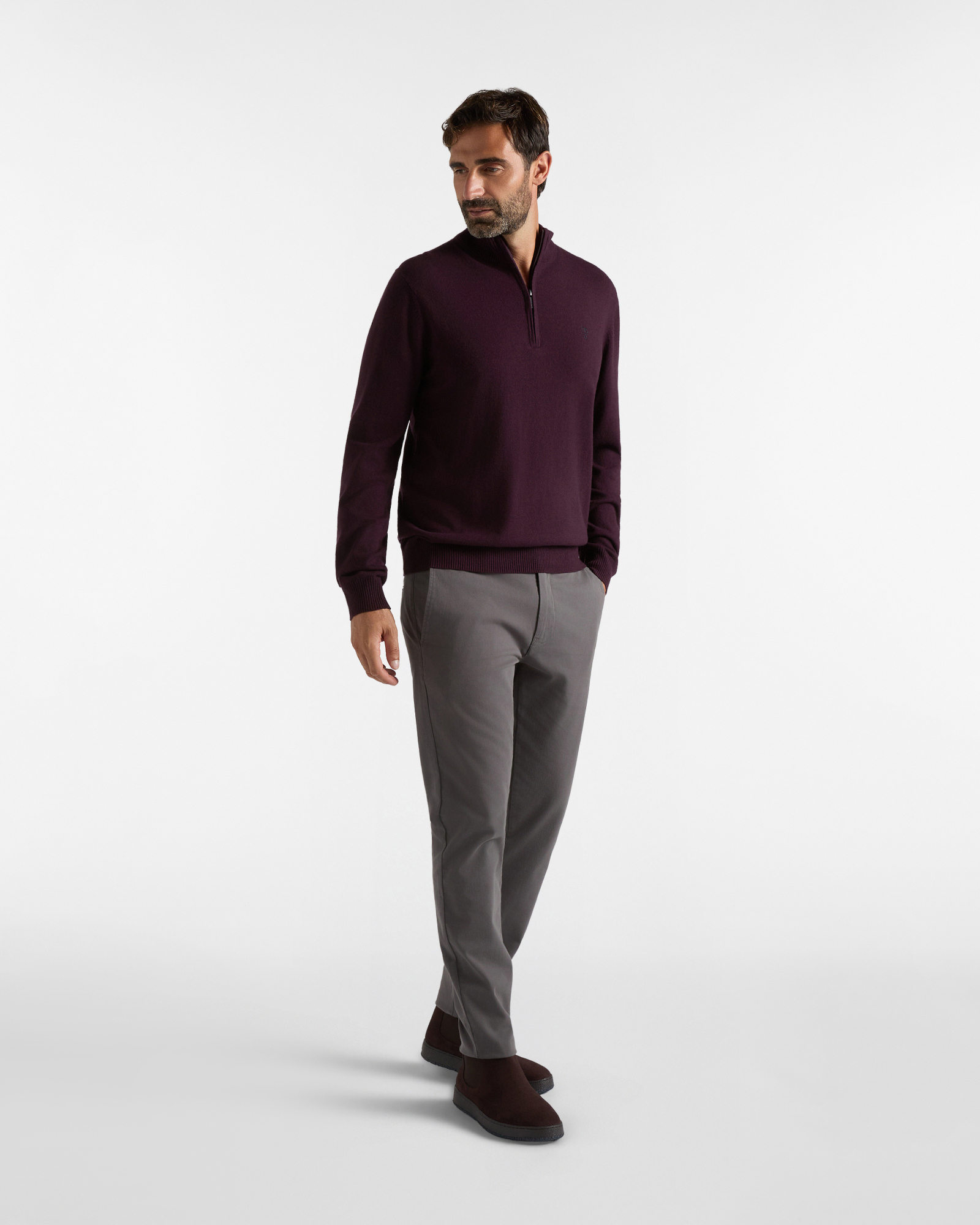 Maglia HBJ Uomo in Punto Cardato Half-Zip in Misto Lana e Cashmere, PRUGNA, large