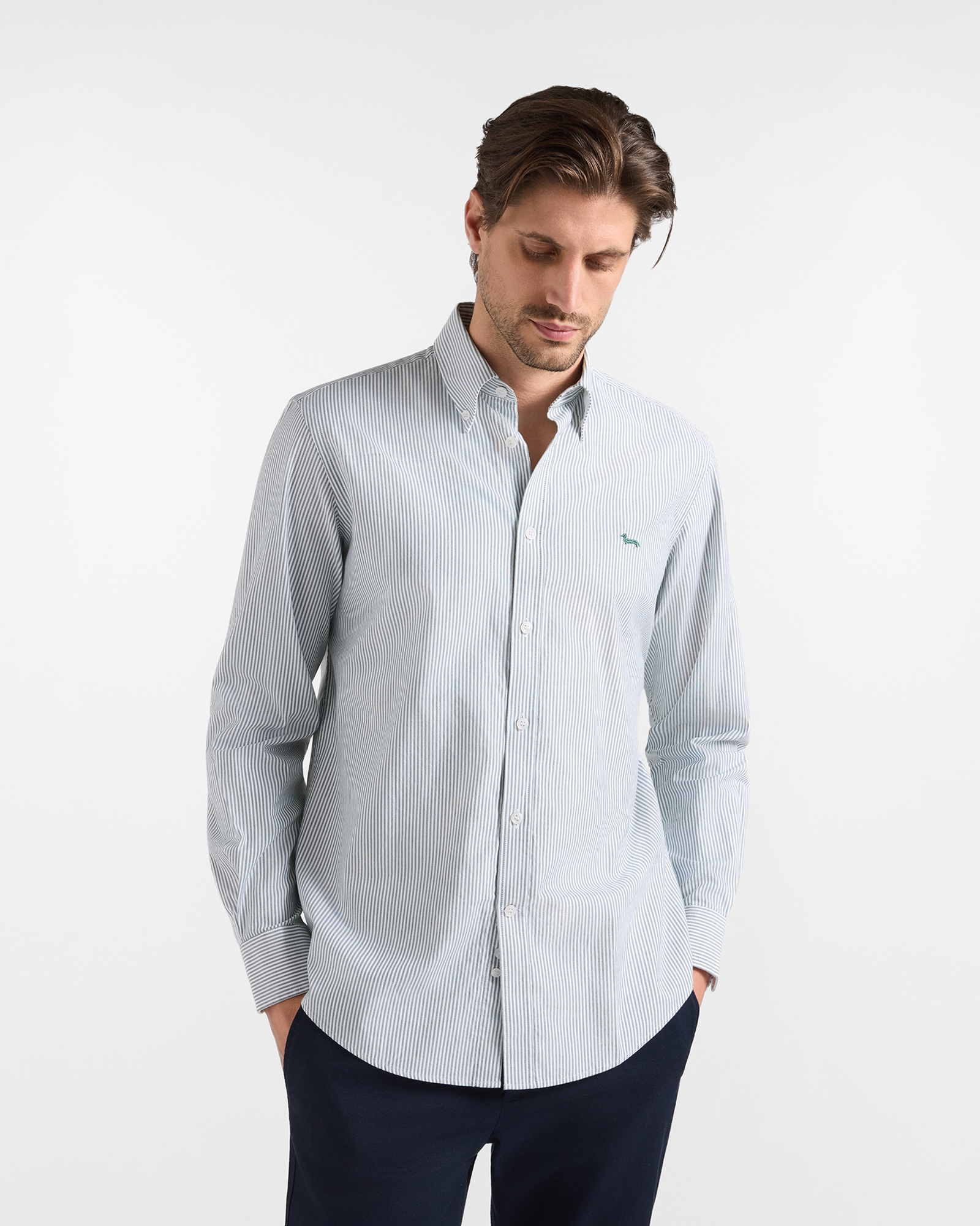 Men's regular-fit light green yarn-dyed Oxford shirt with stripe