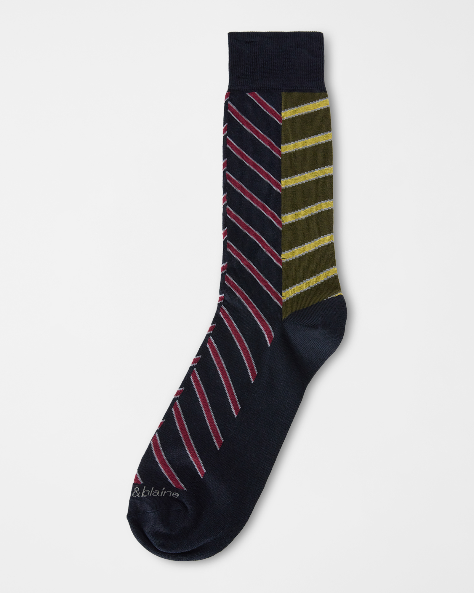 Men's dark blue regimental color block socks in a cotton blend