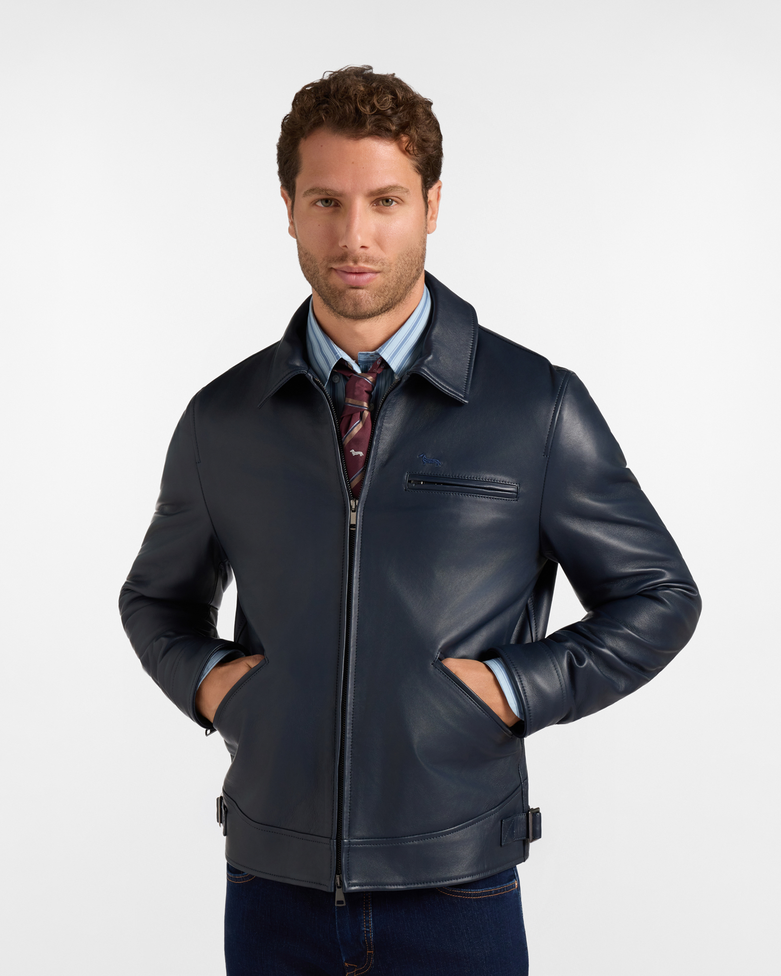 Men's Made in Italy bomber jacket in dark blue genuine leather with shirt-style collar Made in Italy