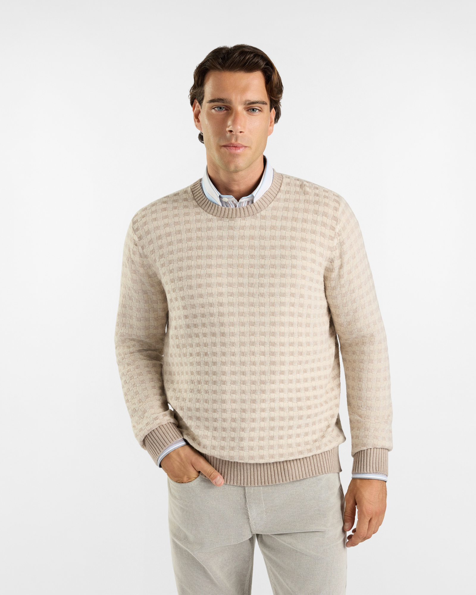 Maglia Girocollo HBJ Uomo in Misto Lana e Cashmere Beige Scuro