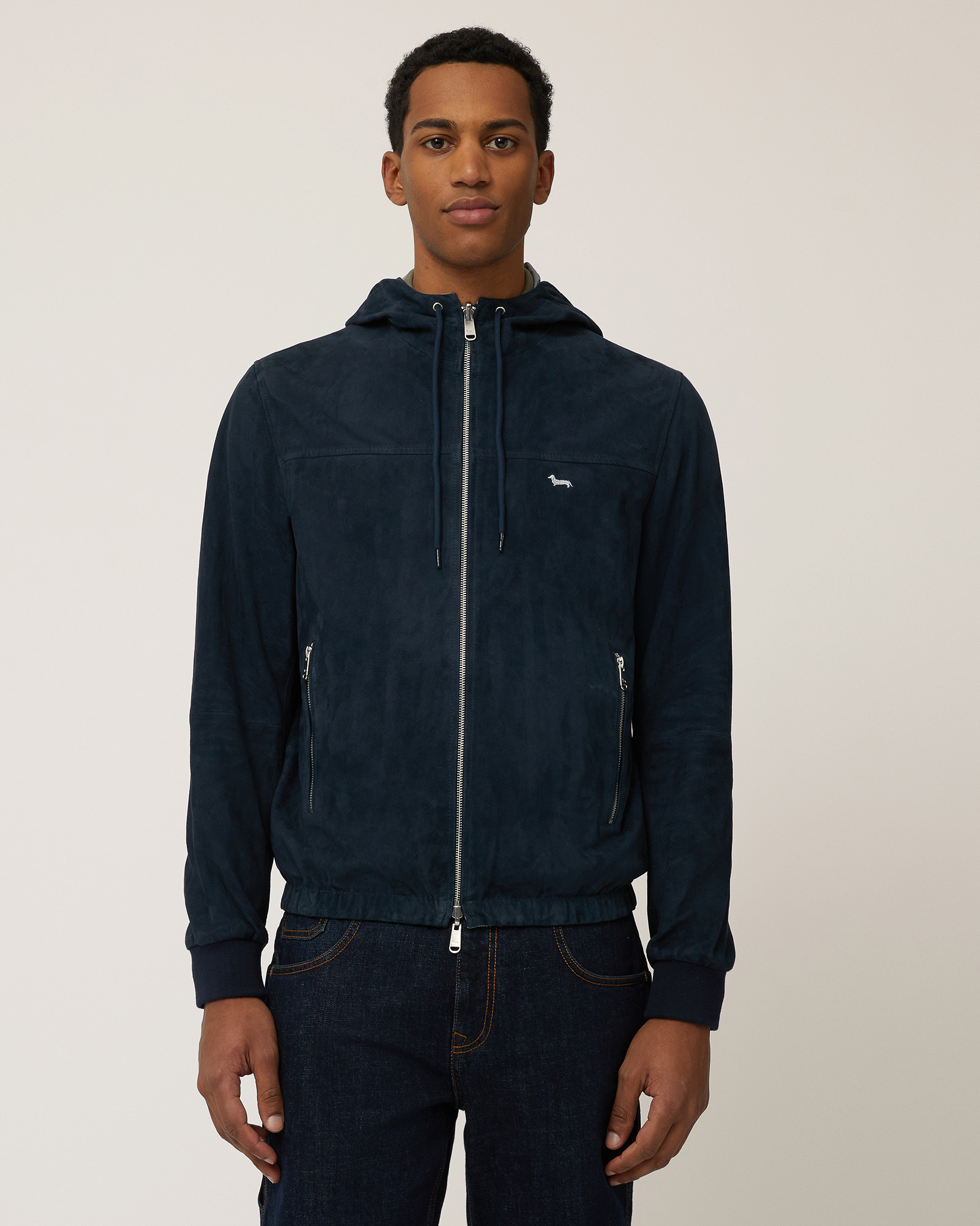 Leather and Nylon Bomber Jacket, Navy Blue, large image number 0