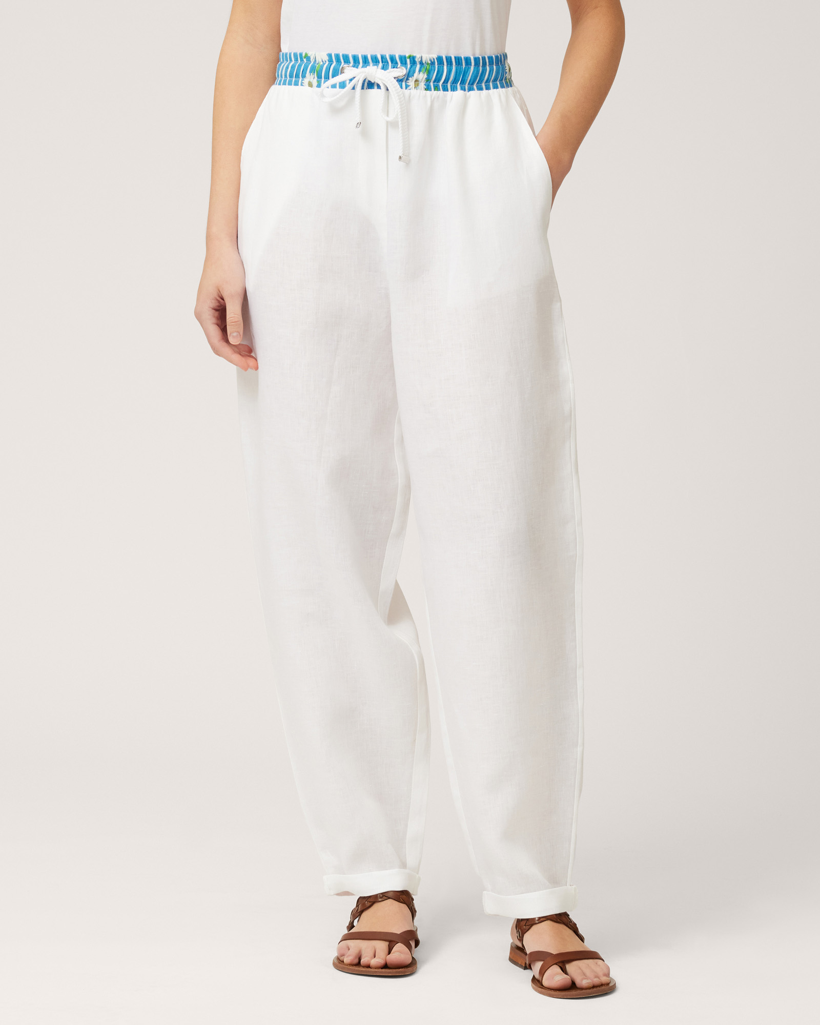 Pants with Printed Waist, White, large