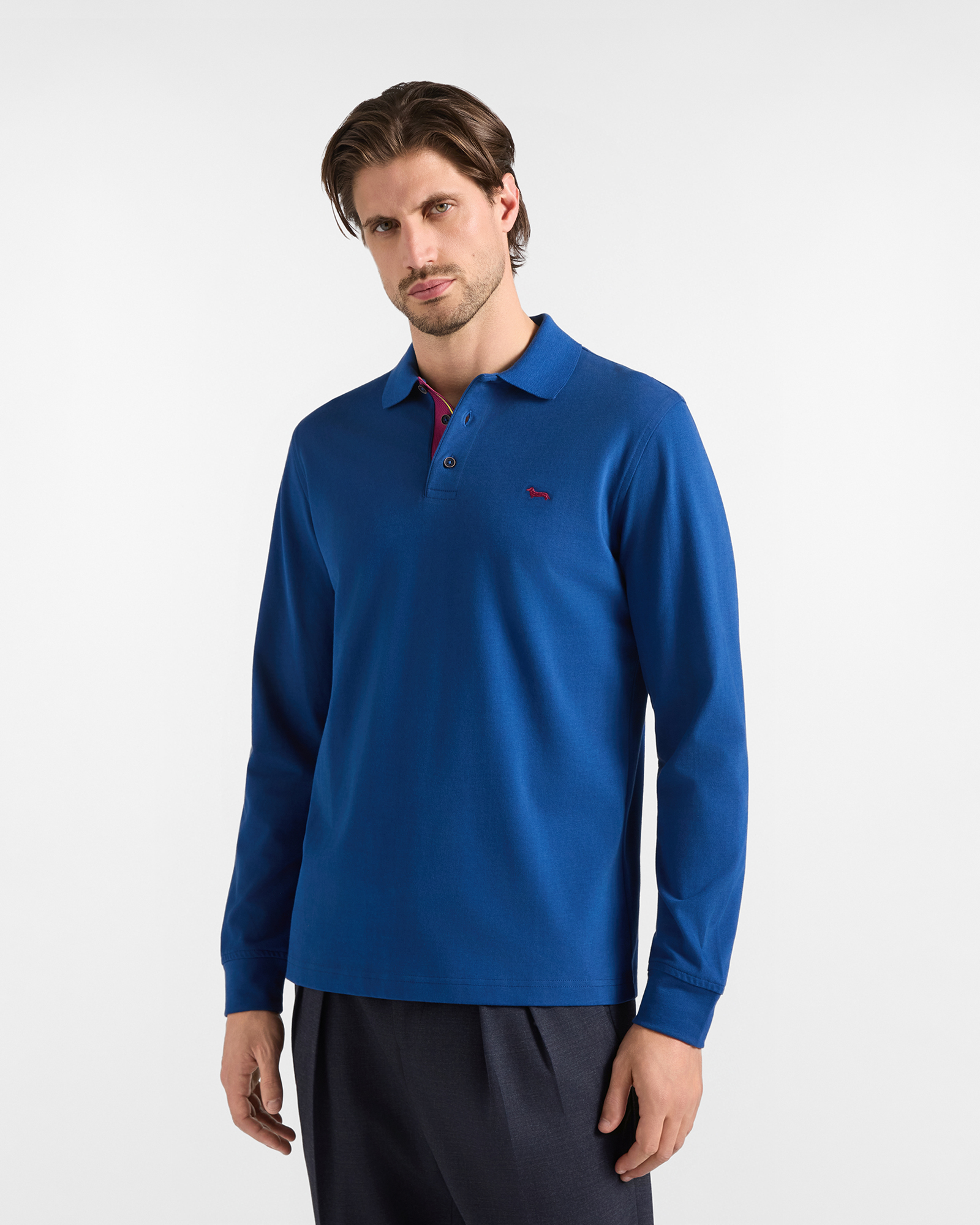 Men's long-sleeve blue 100% pure cotton brushed jersey polo shirt